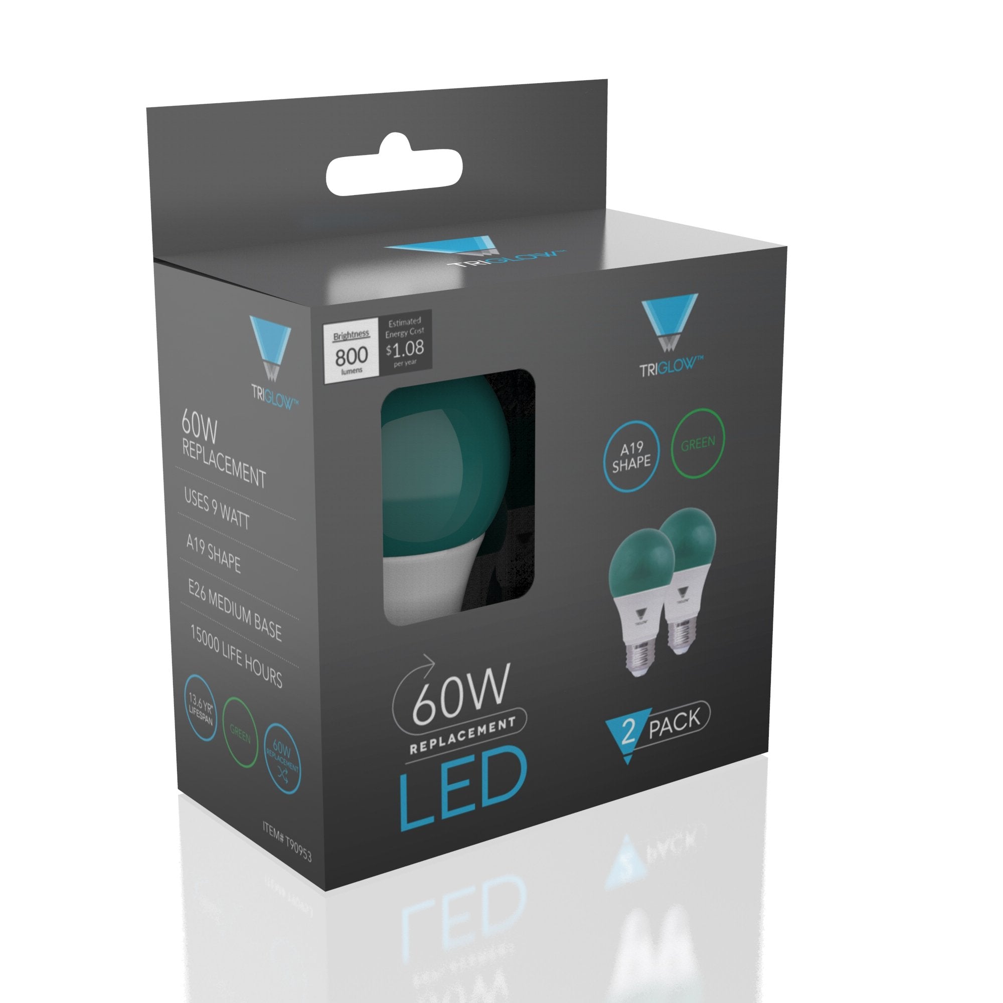 Triglow Green Led A19 Light Bulb, 9W (60W Equivalent) Green Light Bulbs 2-Pack