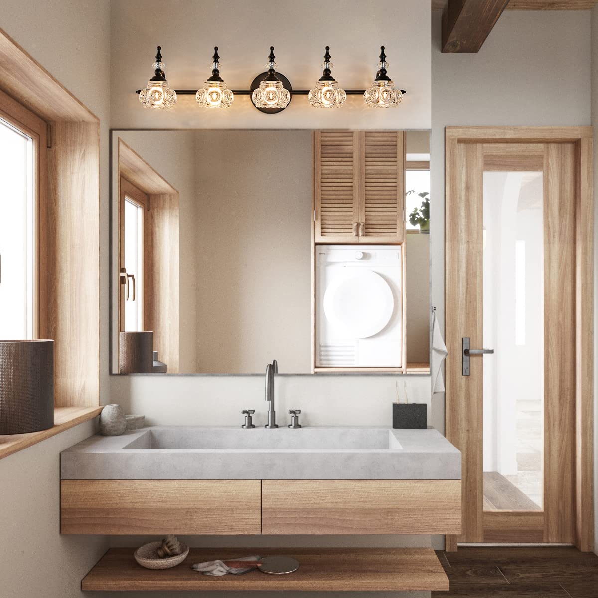 Zilanl 5-Light Vintage Black Bathroom Vanity Light With Crystal Glass Shade, Wall Sconce