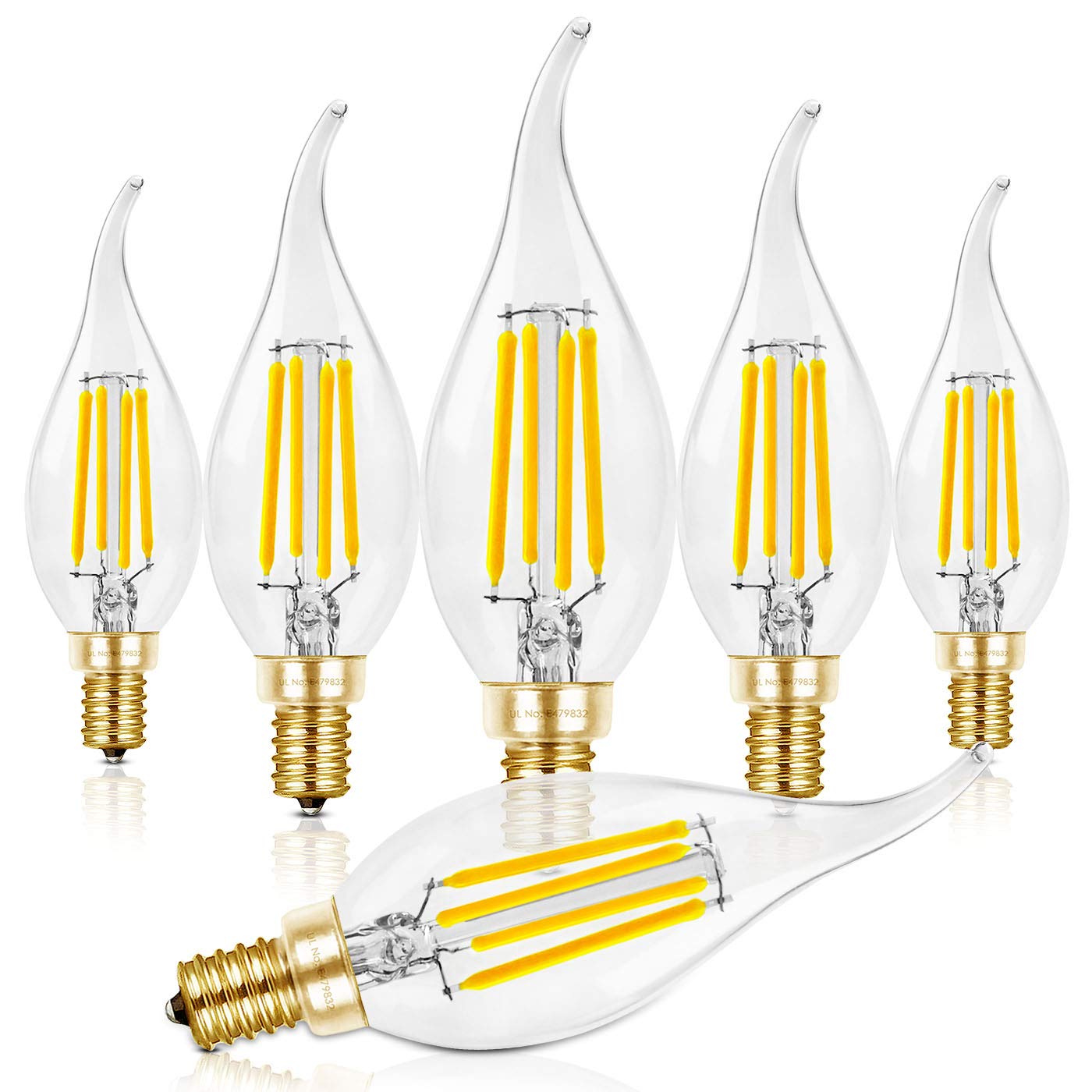 Hizashi LED Candelabra Bulbs 6W 5000K Daylight White Dimmable E12 6 Count CA11 Flame Tip Glass
