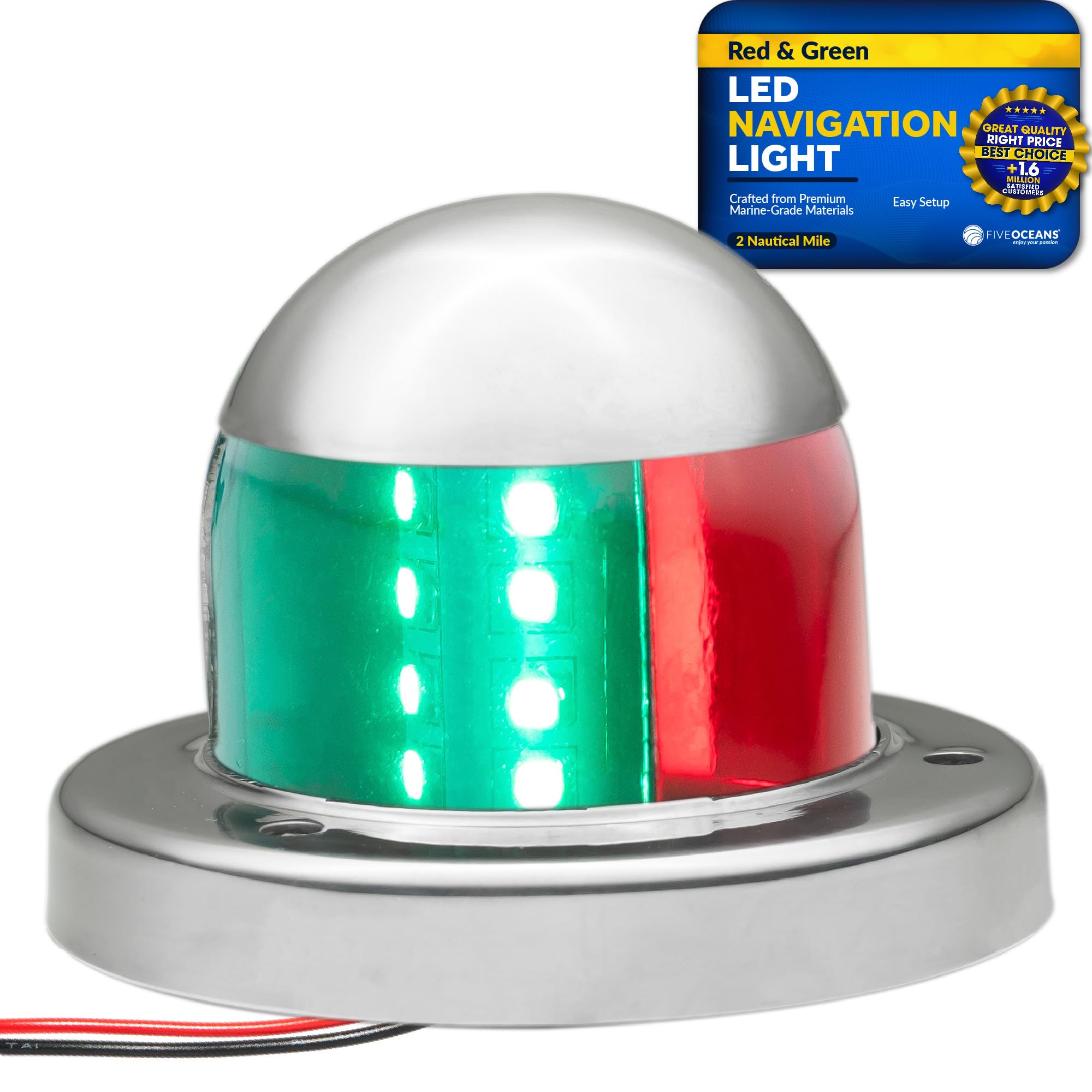 Five Oceans LED Bow Bi-Color Boat Navigation Light, 12V, Stainless Steel, USCG Certified, for Pontoon and Fishing Boats