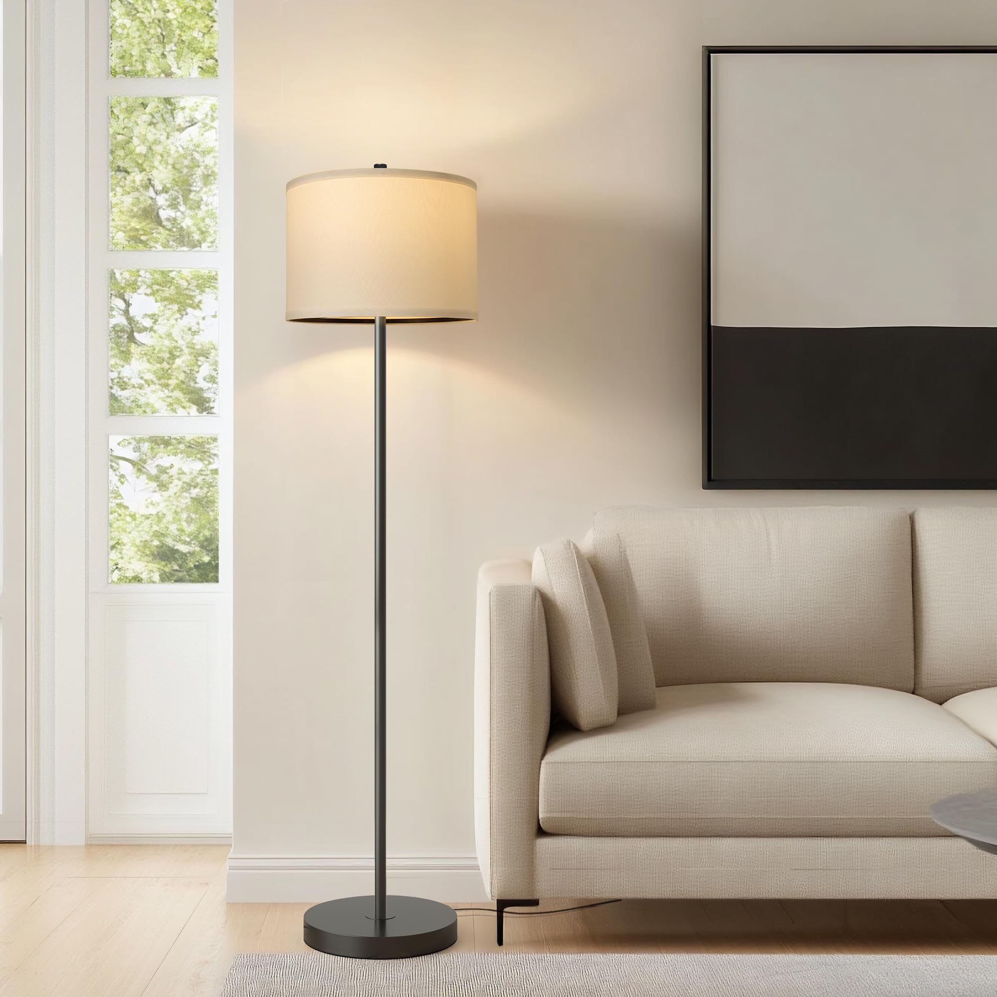 Oneach Floor Lamp - 61in Rustic Industrial Design, Metal, Black Pole with White Shade, Model AMZ-F1154BK-WH