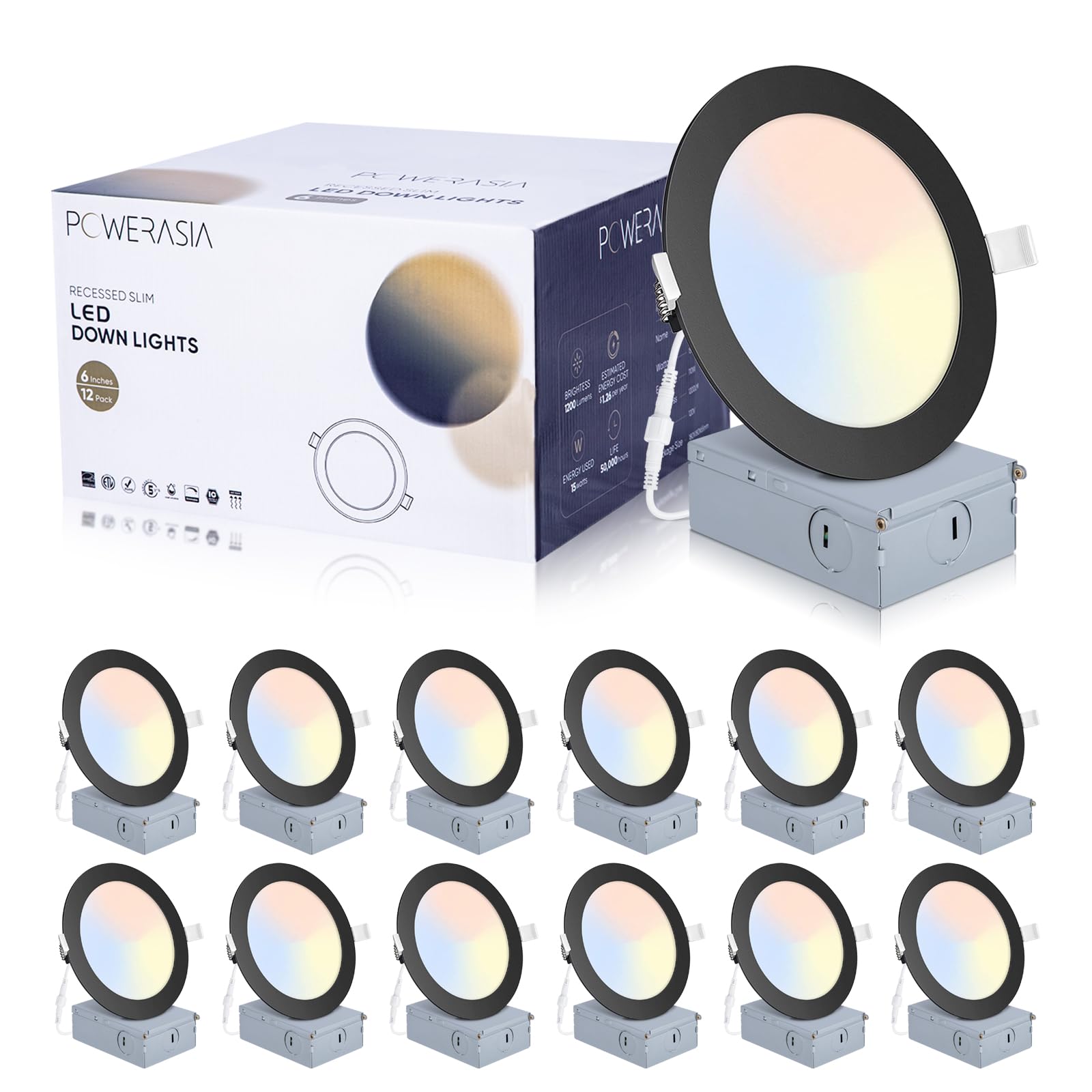 Powerasia 12 Pack 6 Inch Dimmable Led Recessed Lights, 5Cct, Black, Etl & Energy Star Certified, Ultra Thin, 15W 1200