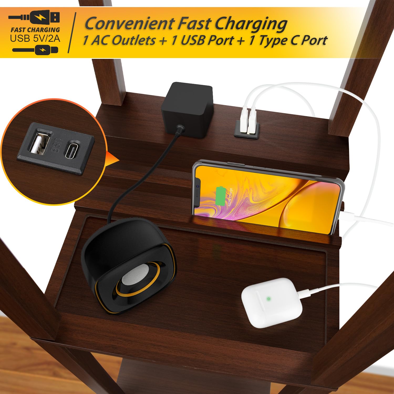 SHINE HAI 3-in-1 Shelf Lamp with USB & Type C Ports, 63 Inch, Engineered Wood, Brown, Model JYF-00453-FL