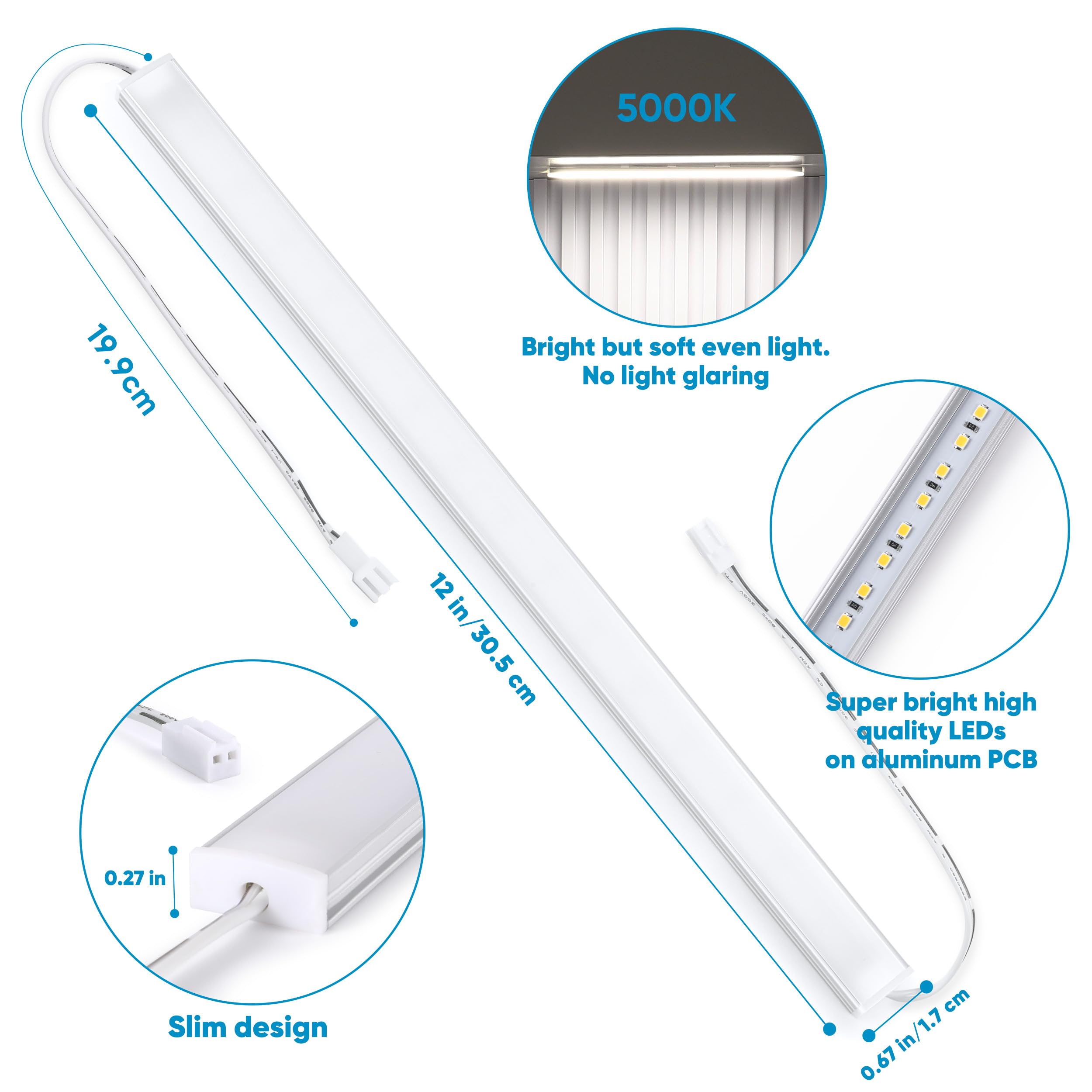 Litever Under Cabinet Lighting Kit, 6 pcs 12" LED Light Bars, Dimmable, Warm White 3000K, Model LL-030-6E-3000K