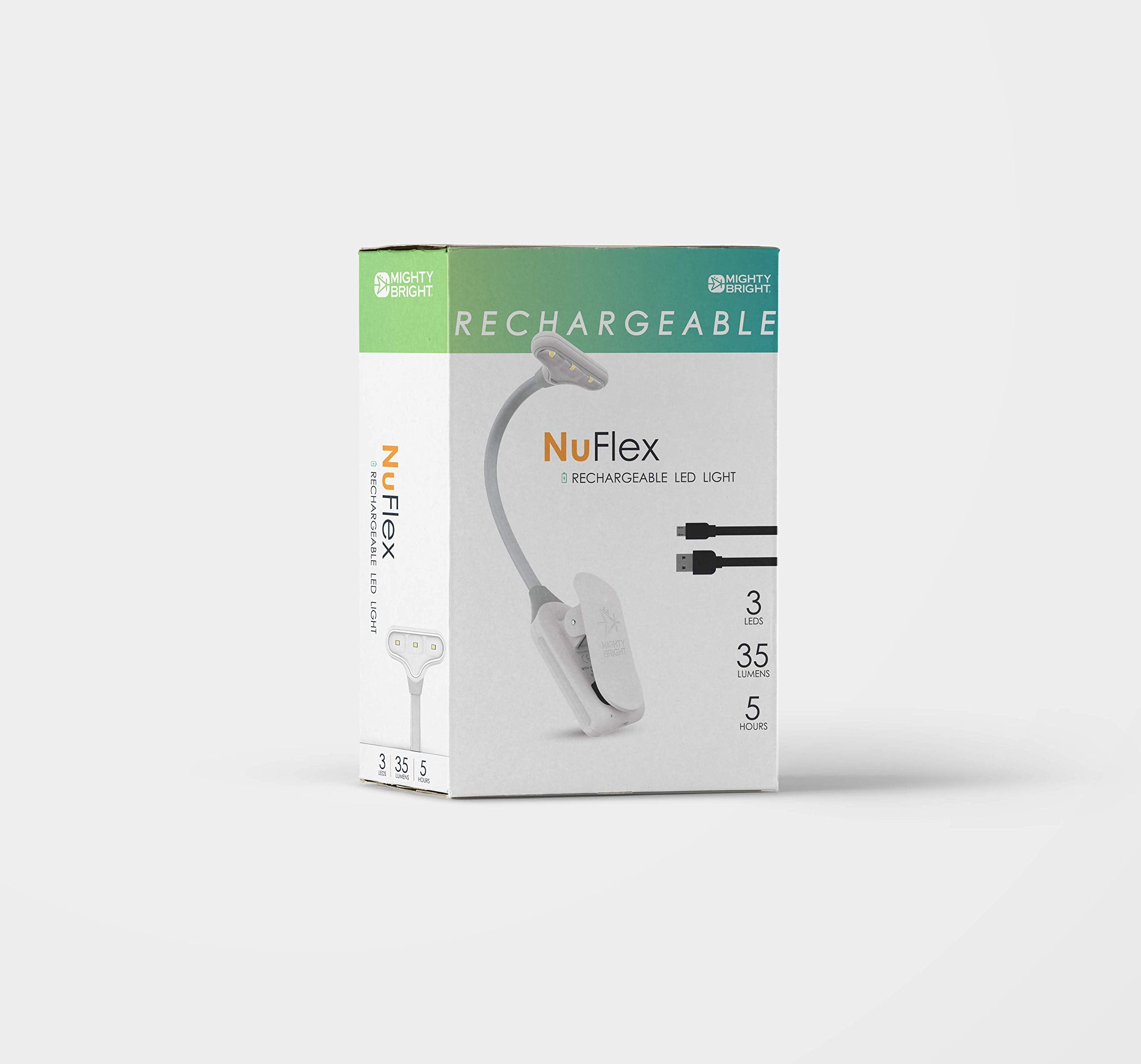 Mighty Bright NuFlex Rechargeable Book Light - 35 Lumens, 3 Brightness Levels, 24-Hour Battery Life, Flexible, White, Model 47837