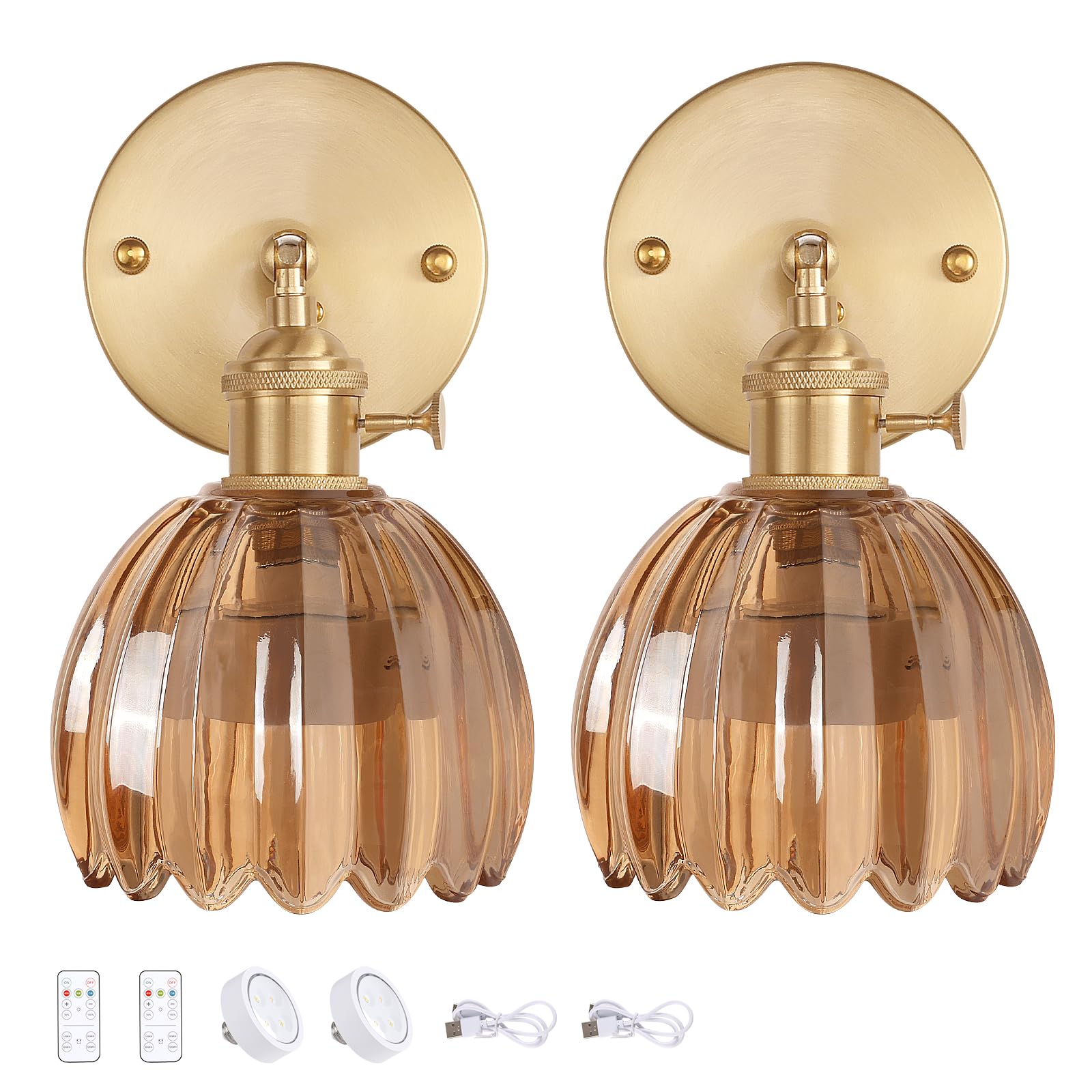 Shenmoyl Vintage Wall Sconce Set of 2, Amber Glass, Battery Operated, Wireless with Remote Control, Model 1-9331