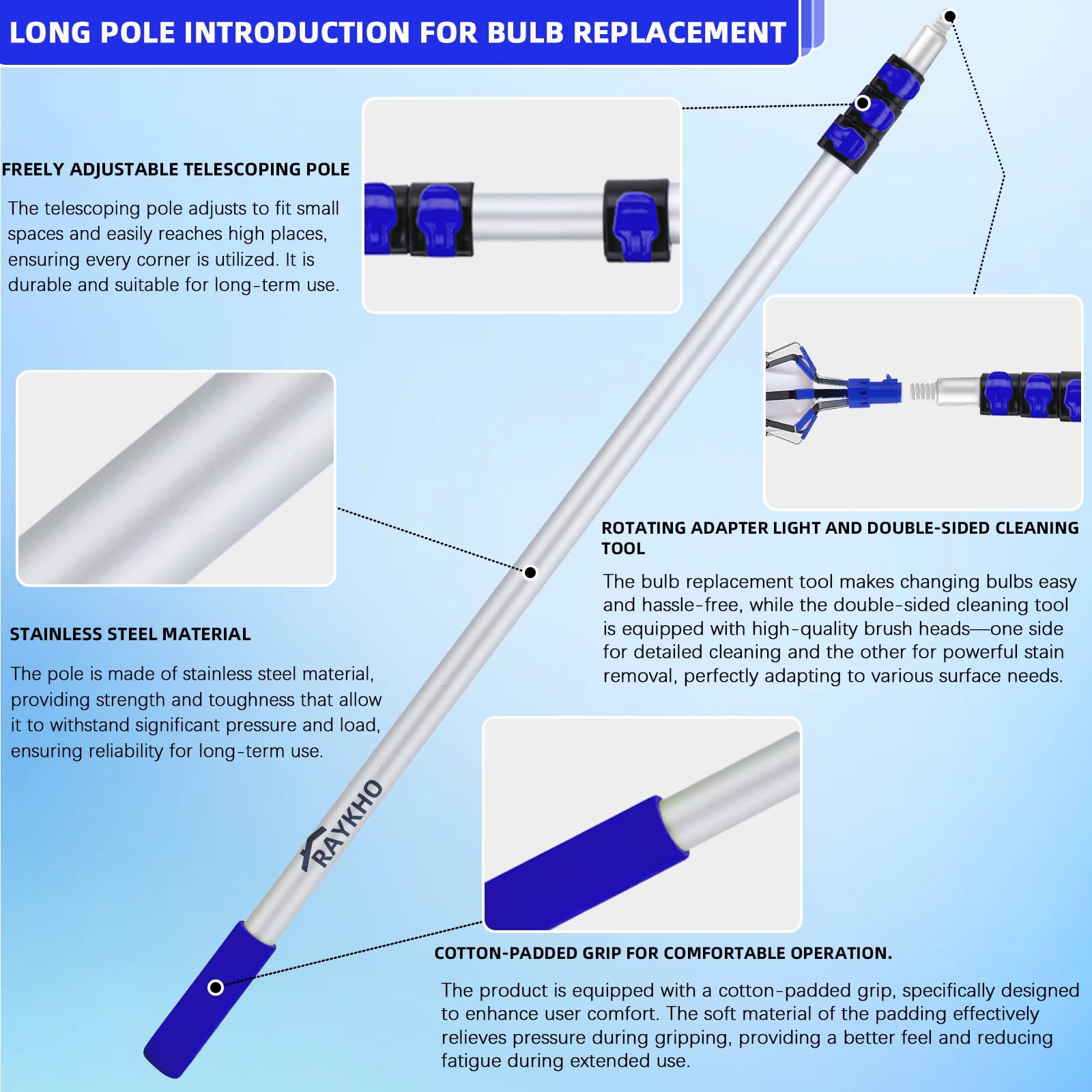 13Ft Extension Pole Light Bulb Changer With Baskets And Suction Cup - Ideal For High Ceilings And Recessed Lights - Household An