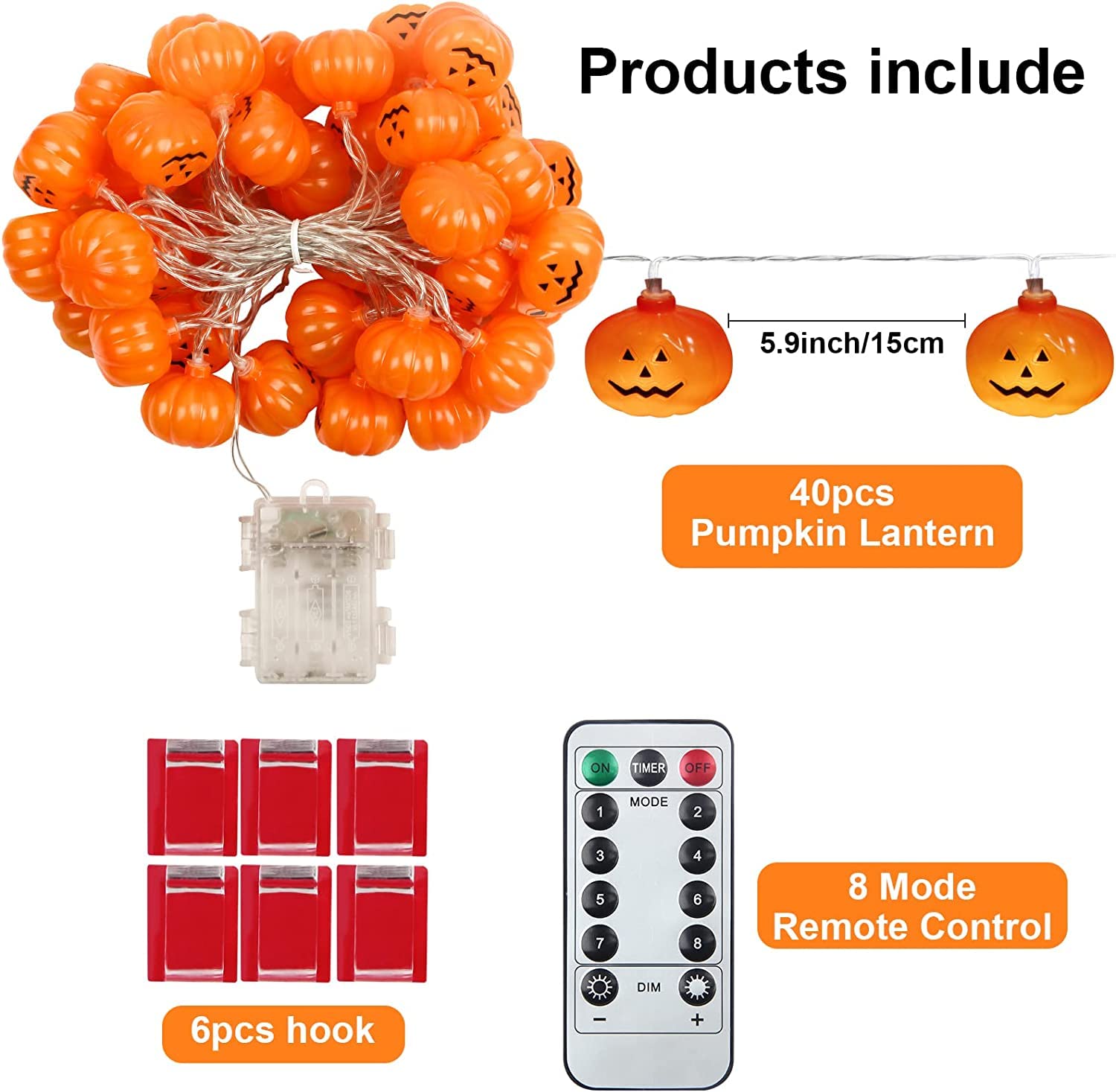 Besitek Halloween String Lights, 20FT 40 LEDs, Battery Operated, Waterproof Pumpkin Lights for Outdoor Party Decorations