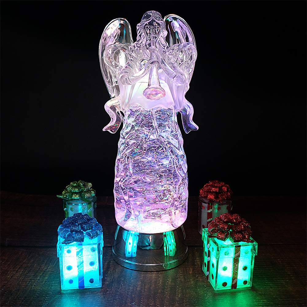 Wondise Angel Color Changing Night Light Snow Globe With Timer, 11 Inches Battery Operated Swirling Glitter Led Angel Lights For