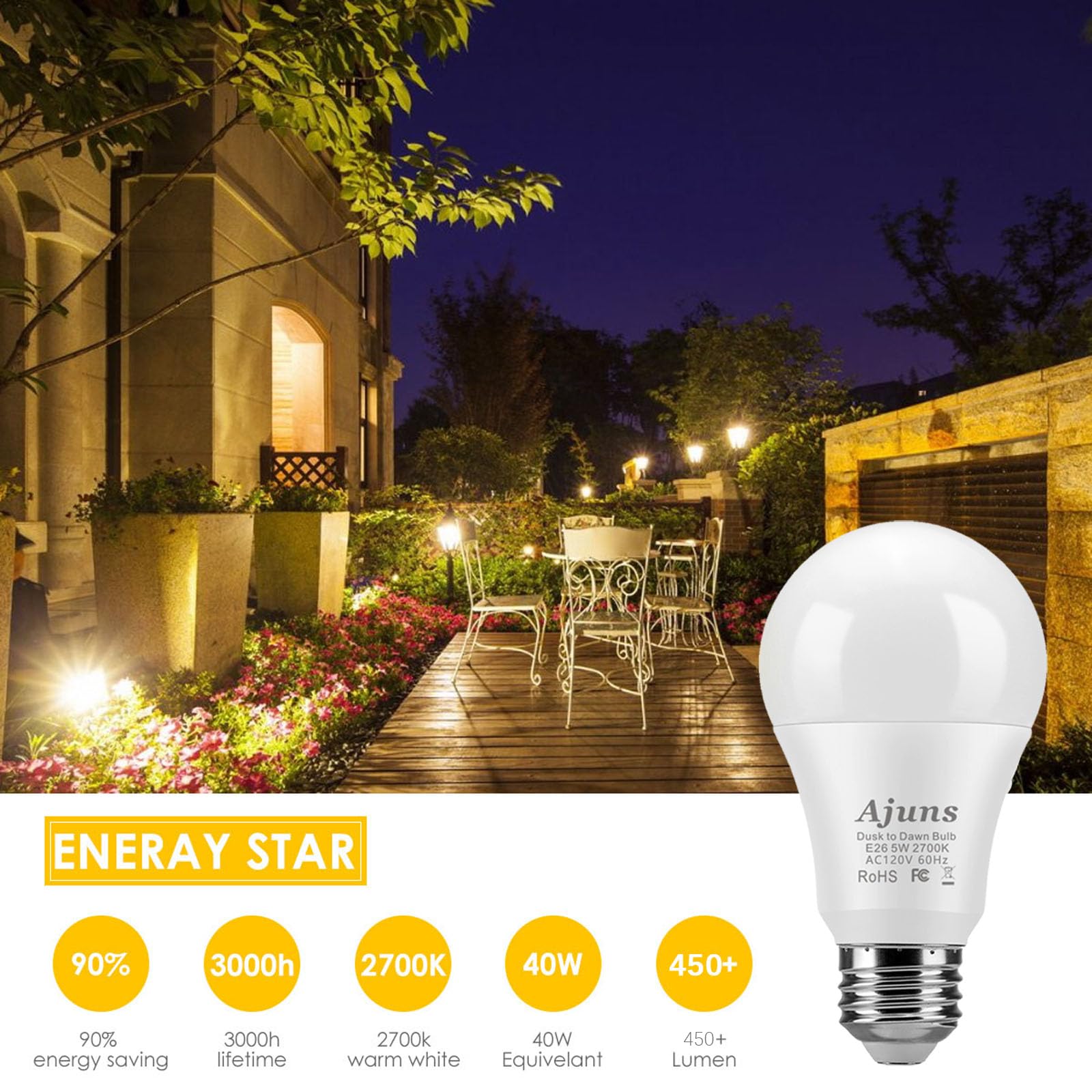 Ajuns Dusk To Dawn Led Light Bulb, 5W E26, 2700K Warm White, 2-Pack, Automatic On/Off, Ideal For Porch & Garage Lighting