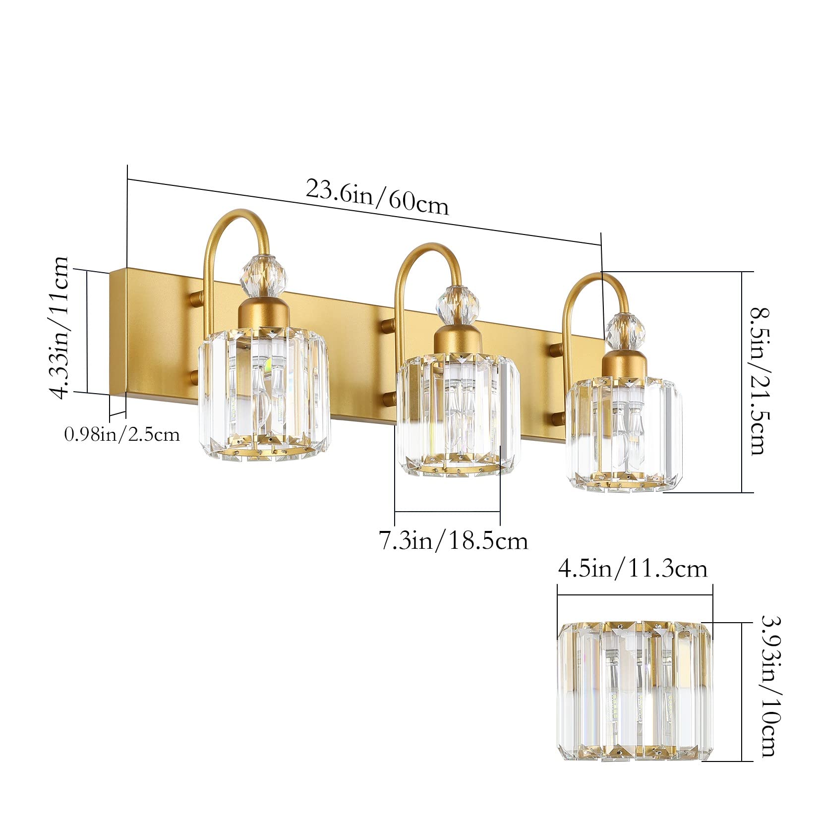 Ralbay 3-Light Gold Crystal Bathroom Vanity Lights Over Mirror, Modern Round-Gold Design, Model 8600