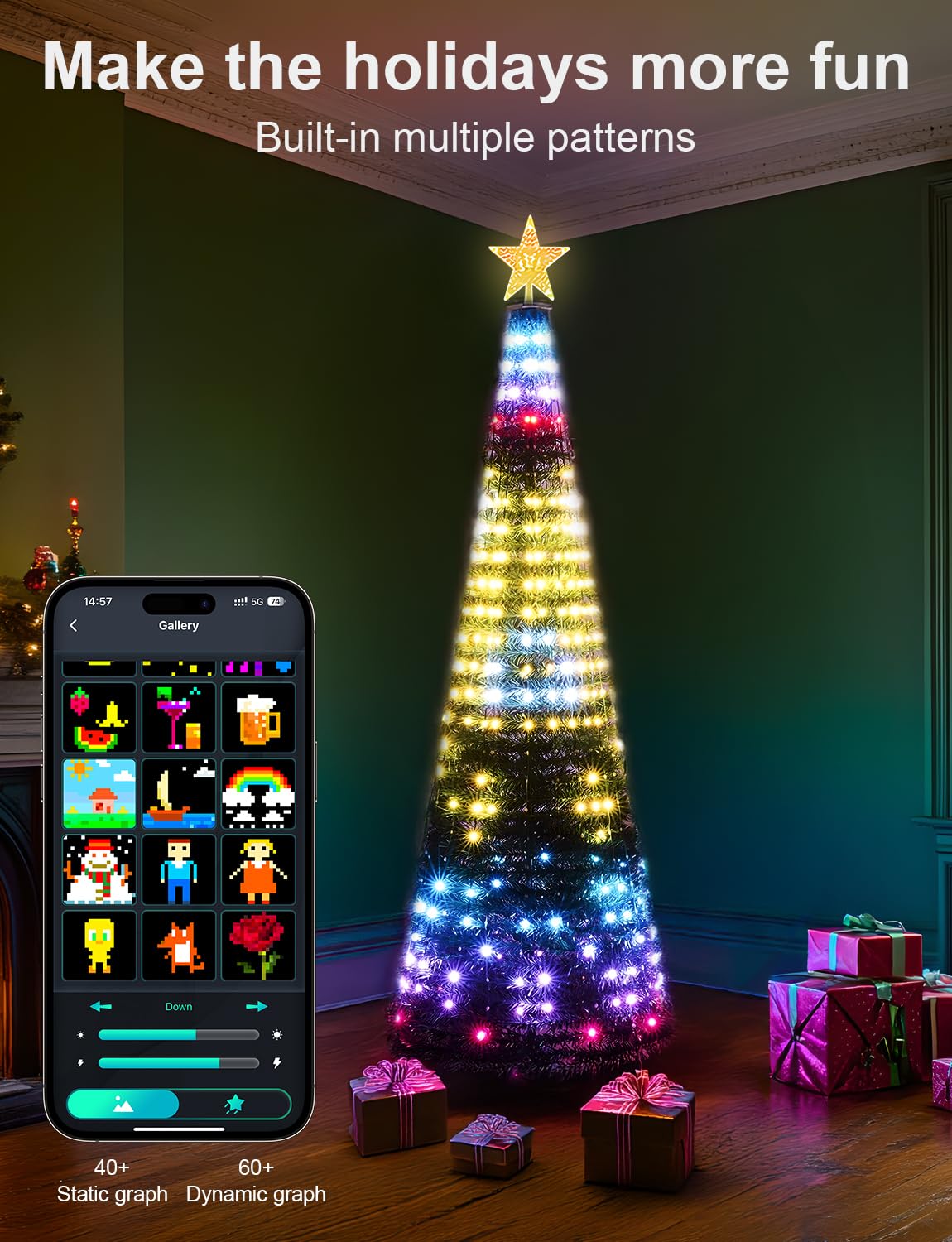 Super RGB 7Ft Color Changing Christmas Tree Lights, 400 LEDs, Smart App & Remote Control, Music Sync - Green, Model HSD-001