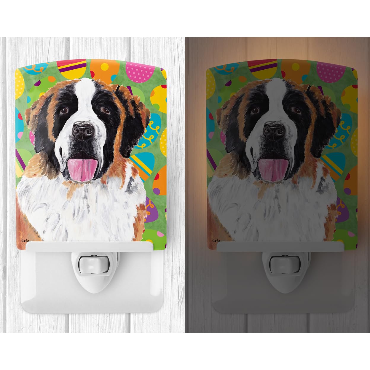 Caroline'S Treasures Sc9462Cnl Saint Bernard Easter Eggtravaganza Ceramic Night Light Compact, Ul-Certified, Ideal For Bedroom, Bathroom, Nursery, Hallway, Kitchen, 6X4X3, Multicolor
