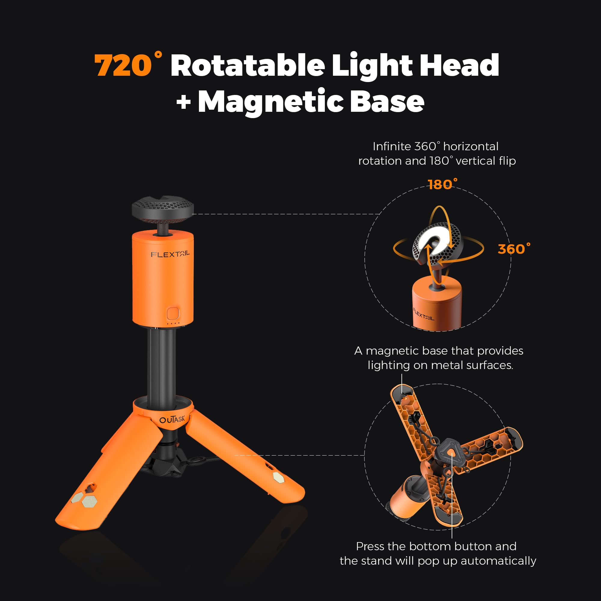 Outask Telescopic Camping Light - Collapsible Magnetic Lantern, 12000mAh Battery, Waterproof, Orange, Model TD-1