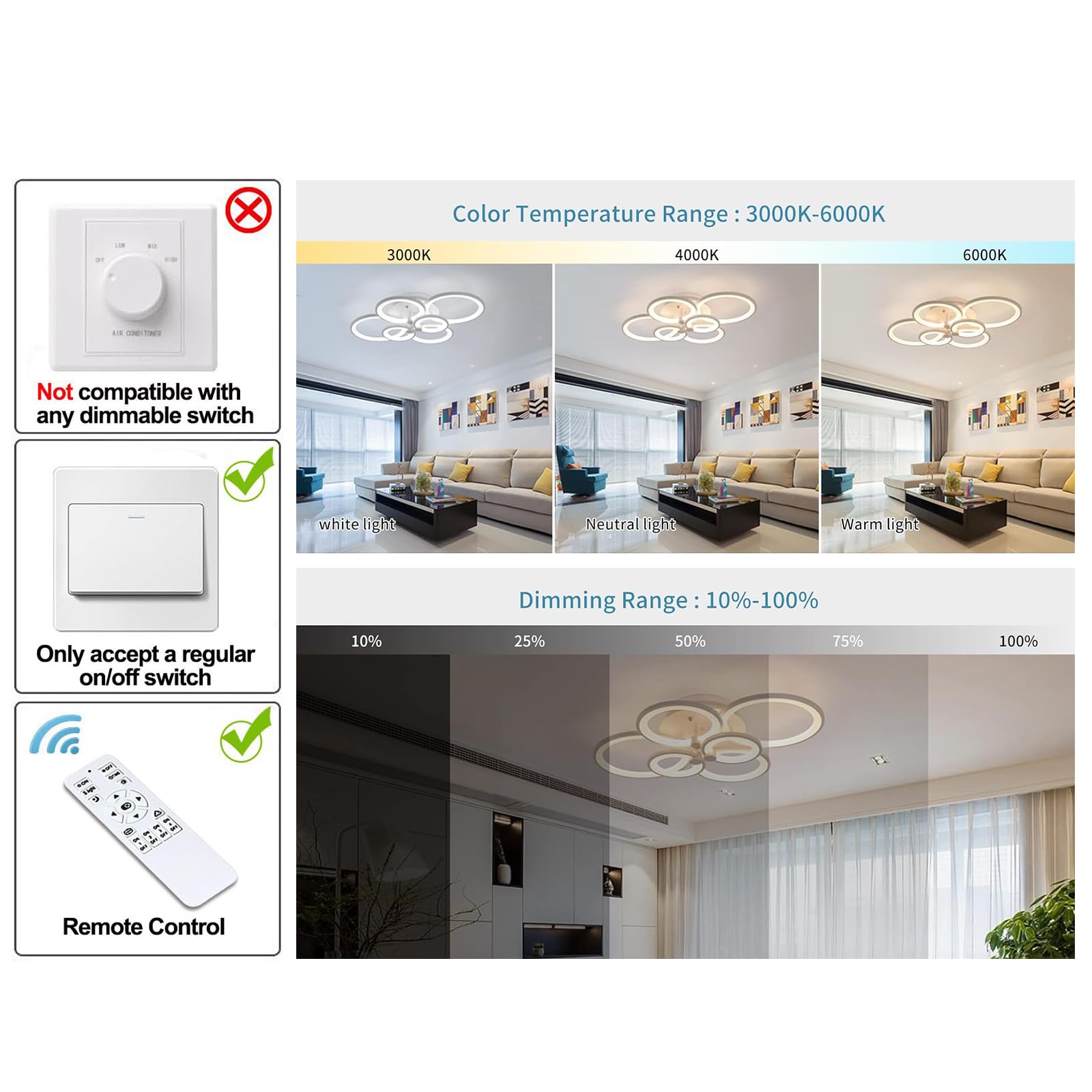 Jaycomey Led Flush Mount Ceiling Light Fixture, 72W Metal Acrylic Dimmable Ring Modern Ceiling Light With Remote, 6 Rings White