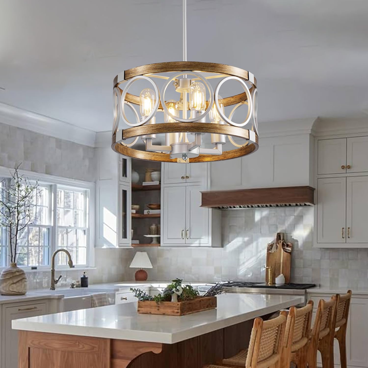 Shiandar Silver Farmhouse Chandelier Light Fixture, 4-Light Kitchen Lighting Fixture Ceiling Mount, Rustic Round Ceiling Hanging Kitchen Island Lighting For Dining Room Bedroomxture