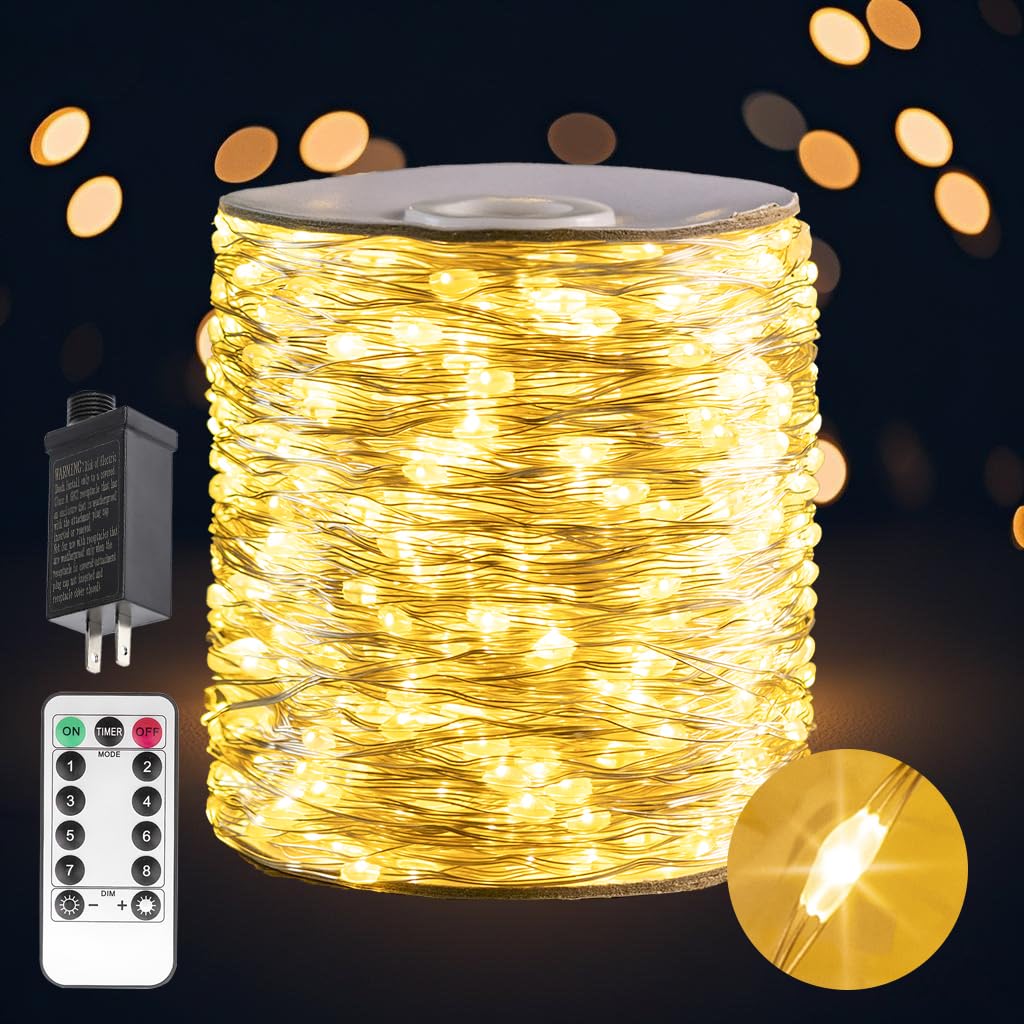 Pcores Plug In Fairy Lights 100 Feet 300 Led Warm White Silver Wire Remote Control Indoor Outdoor String Lights For Bedroom Living Room Patio Porch Garden Christmas Tree