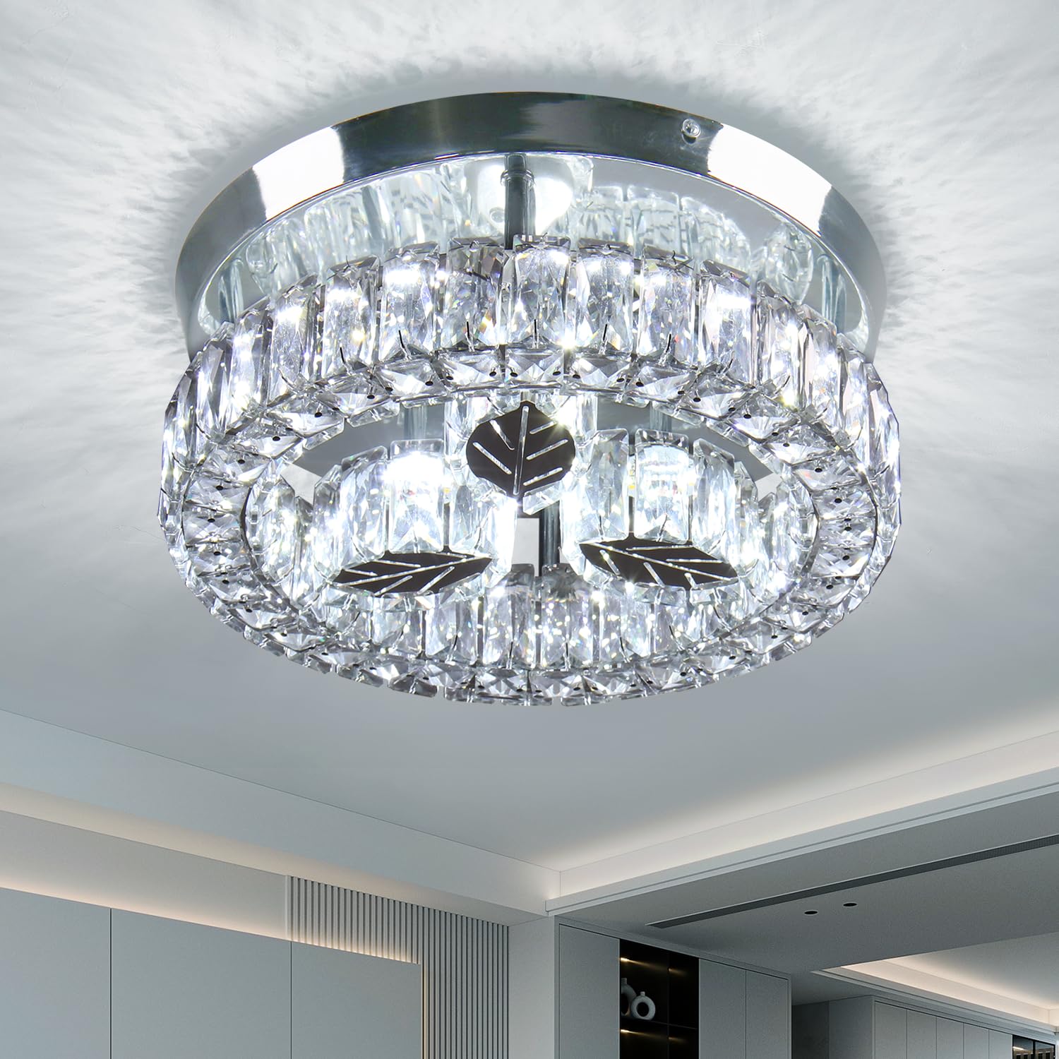 Finktonglan 11.6&quot; Modern Crystal Led Ceiling Light Fixture, Stainless Steel, Cool White