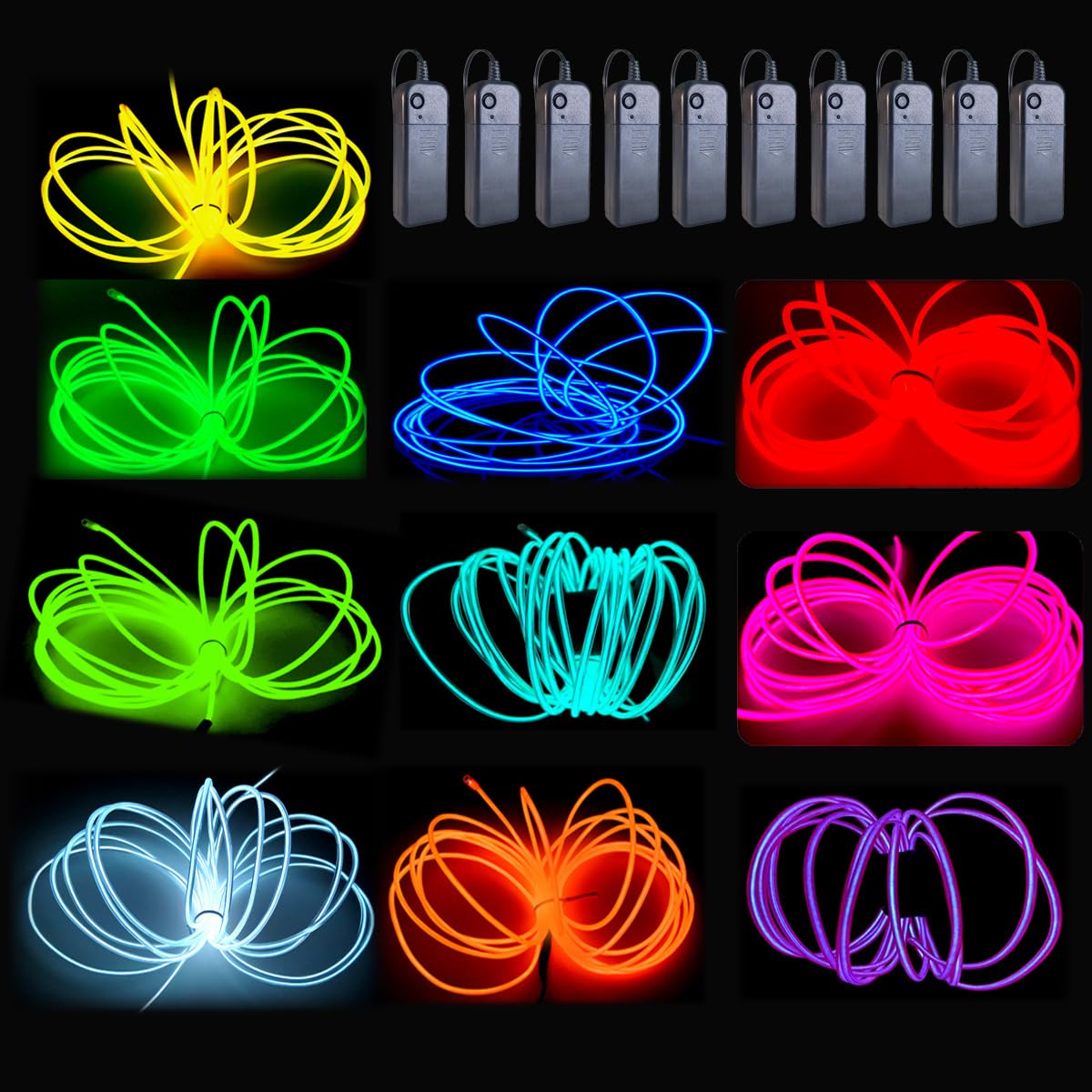 MaxLax EL Wire 10 Pack, 16.4ft Neon Light Wire, Multicolor, Plastic, Model CXD el wire 001