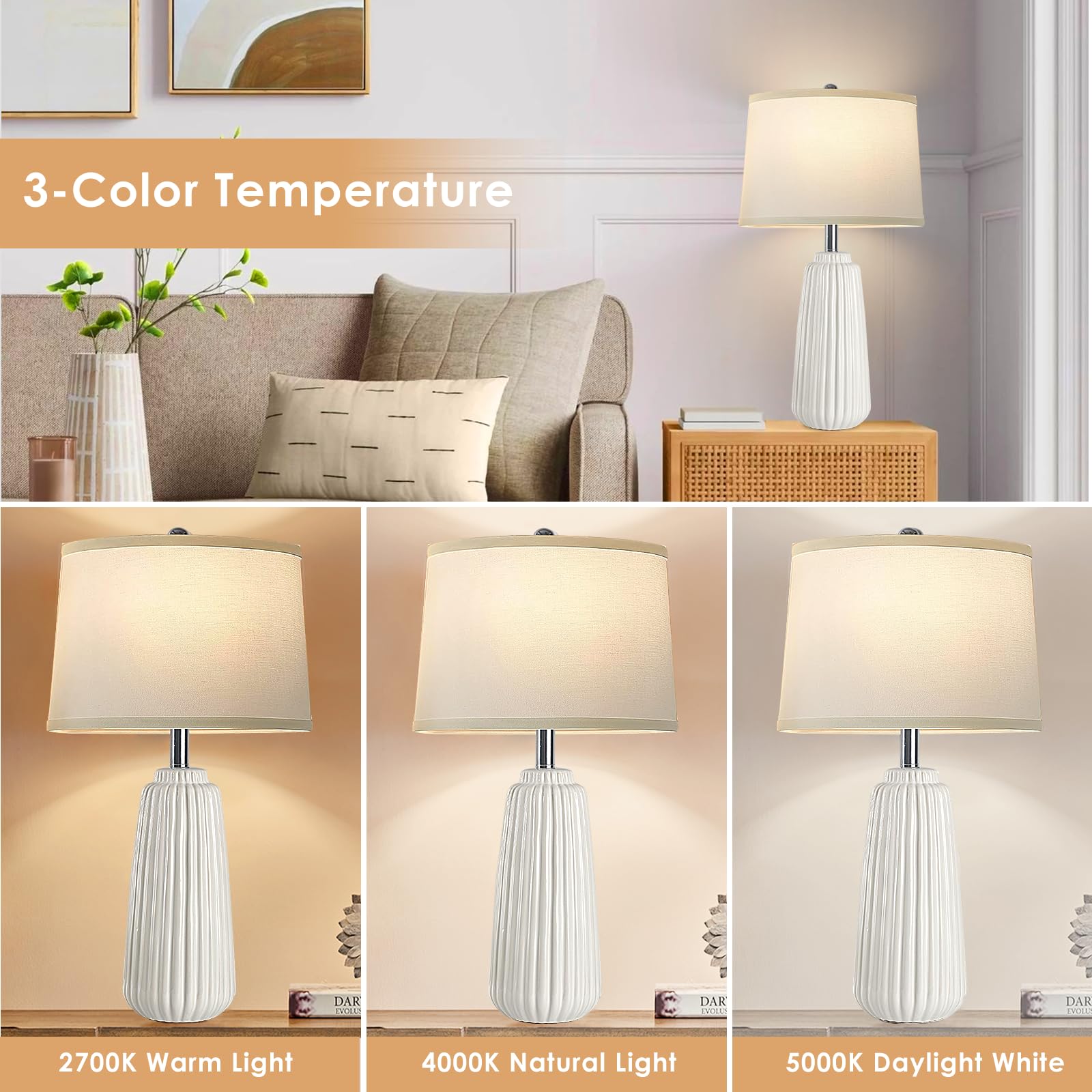 Yusist Ceramic Table Lamps Set Of 2, 25Inch Modern White Table Lamps For Bedroom Living Room With 3 Color Temperature - 3000K/4000K/6000K, Coastal Lamps For Nightstand Bedside With 2 Led Bulbs, 9W