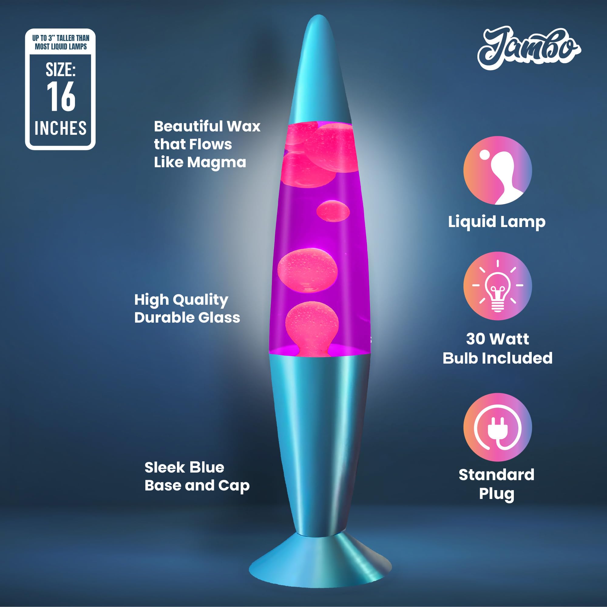 Jambo Liquid Motion Lamp - 16in Glass, Blue Base, Purple Liquid, Pink Wax, Entertaining for All Ages