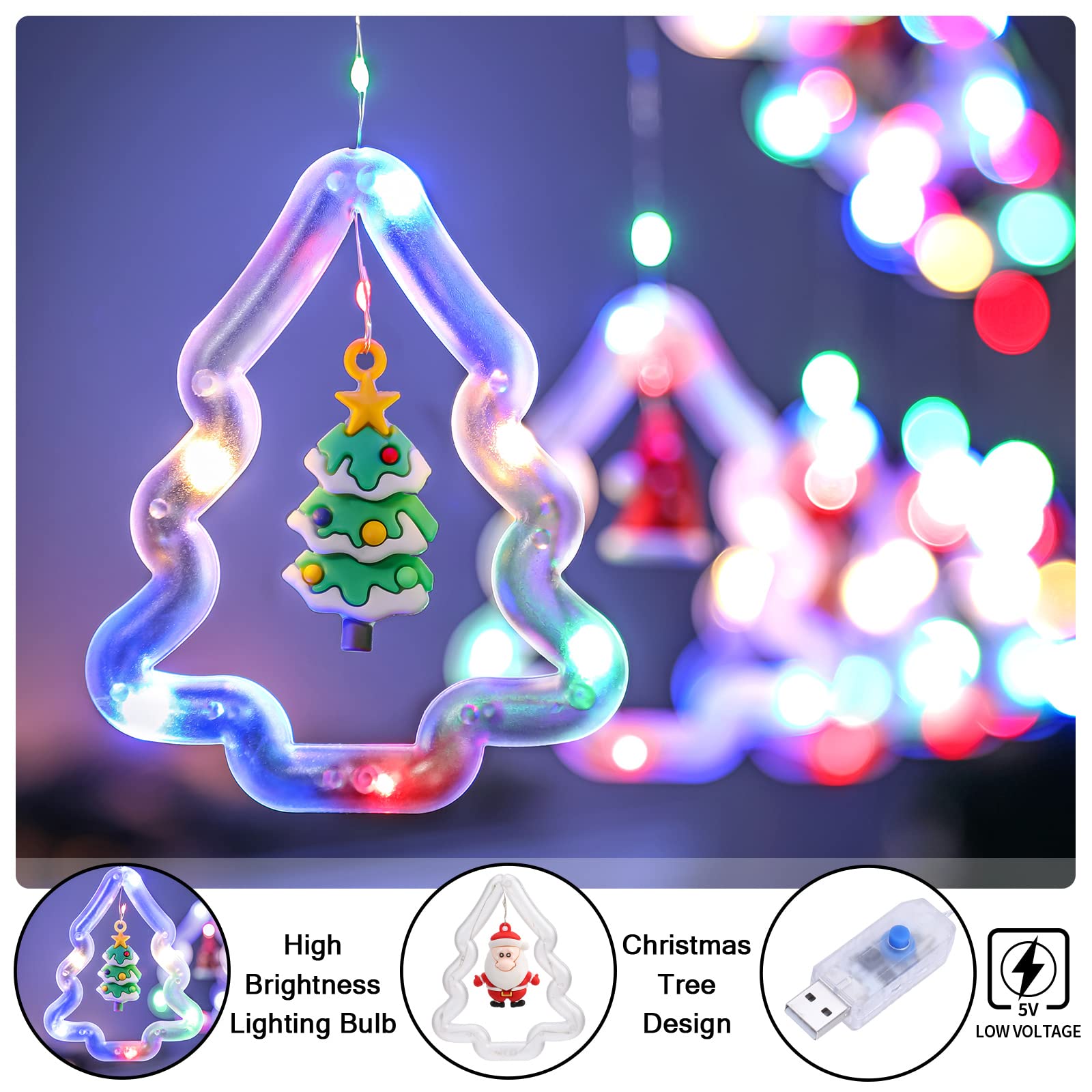 Bloomwin Christmas Window Lights Lighted Xmas Window Decorations - Tree Shape Ring Light With Ornament Curtain Light Indoor - Usb Novelty String Hanging Lights For Christmas Home Bedroom Decor