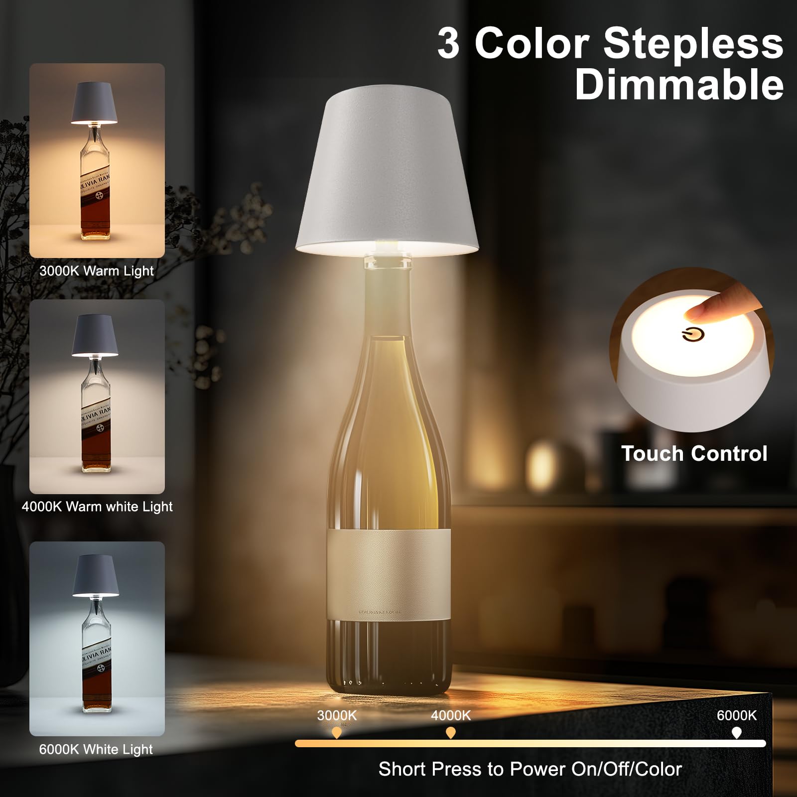 Mebaraul Wine Bottle Lamp, 3600mAh Rechargeable, Touch Dimming, Metal, Model JP001, White