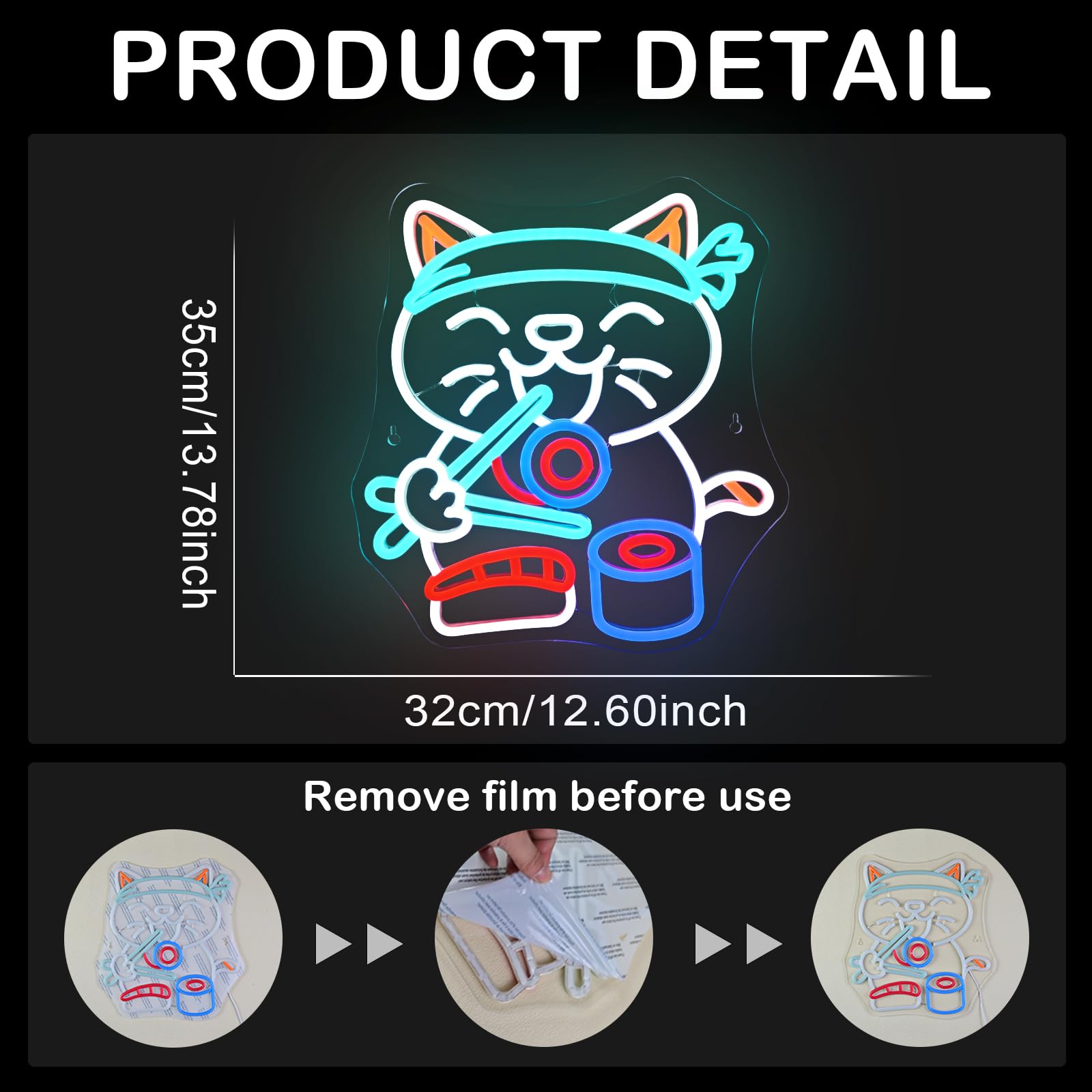 Wanxing LED Neon Sign, Ramen Cat Sushi Light, USB Powered, Dimmable, 12.6inx13.8in, Colorful Sushi Cat Decor for Home and Office