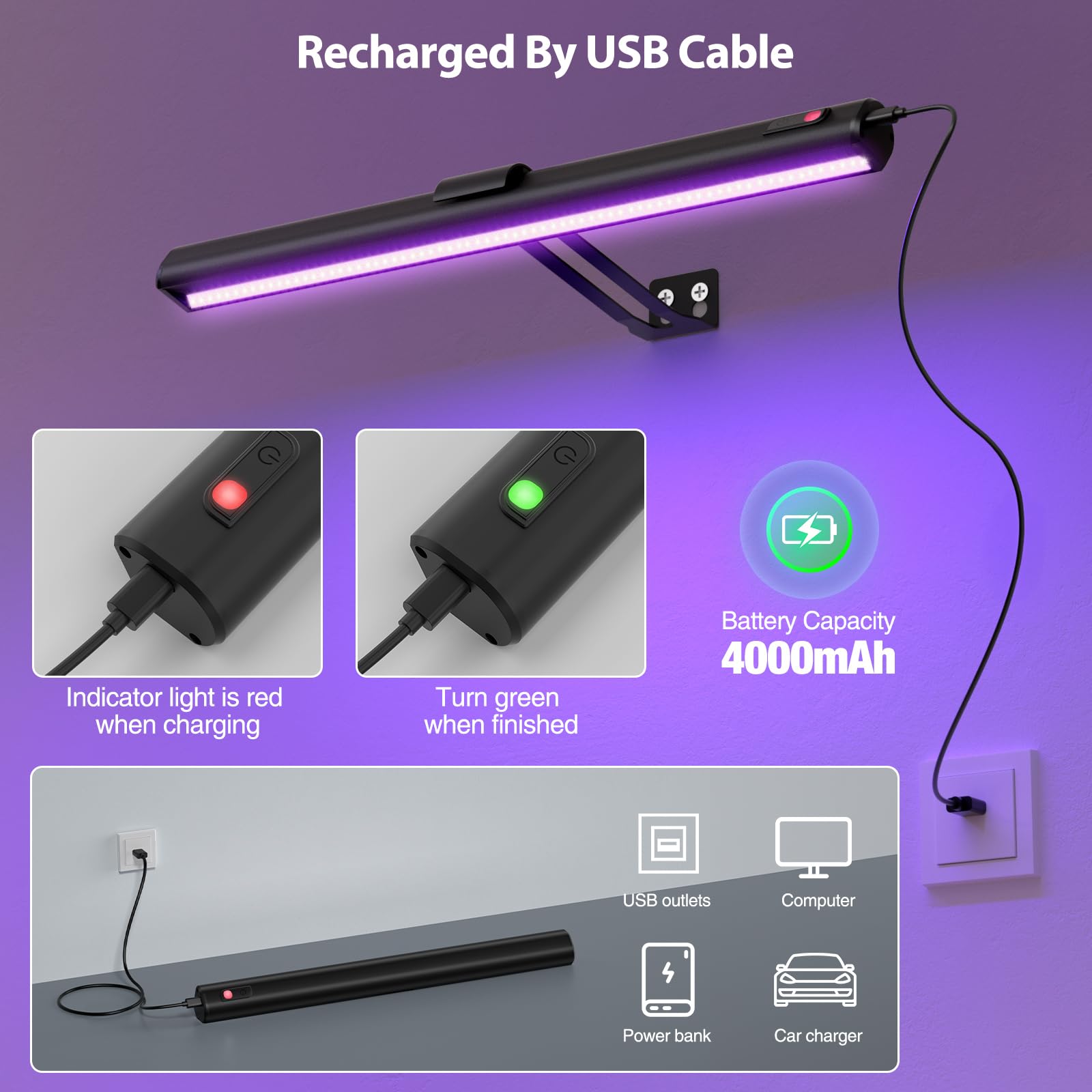 Onforu Black Light Bar, 15in  Rechargeable UV Light with Remote, 4000mAh, Aluminum, for Tapestry and Glow Party Decor, Model CGA03UV