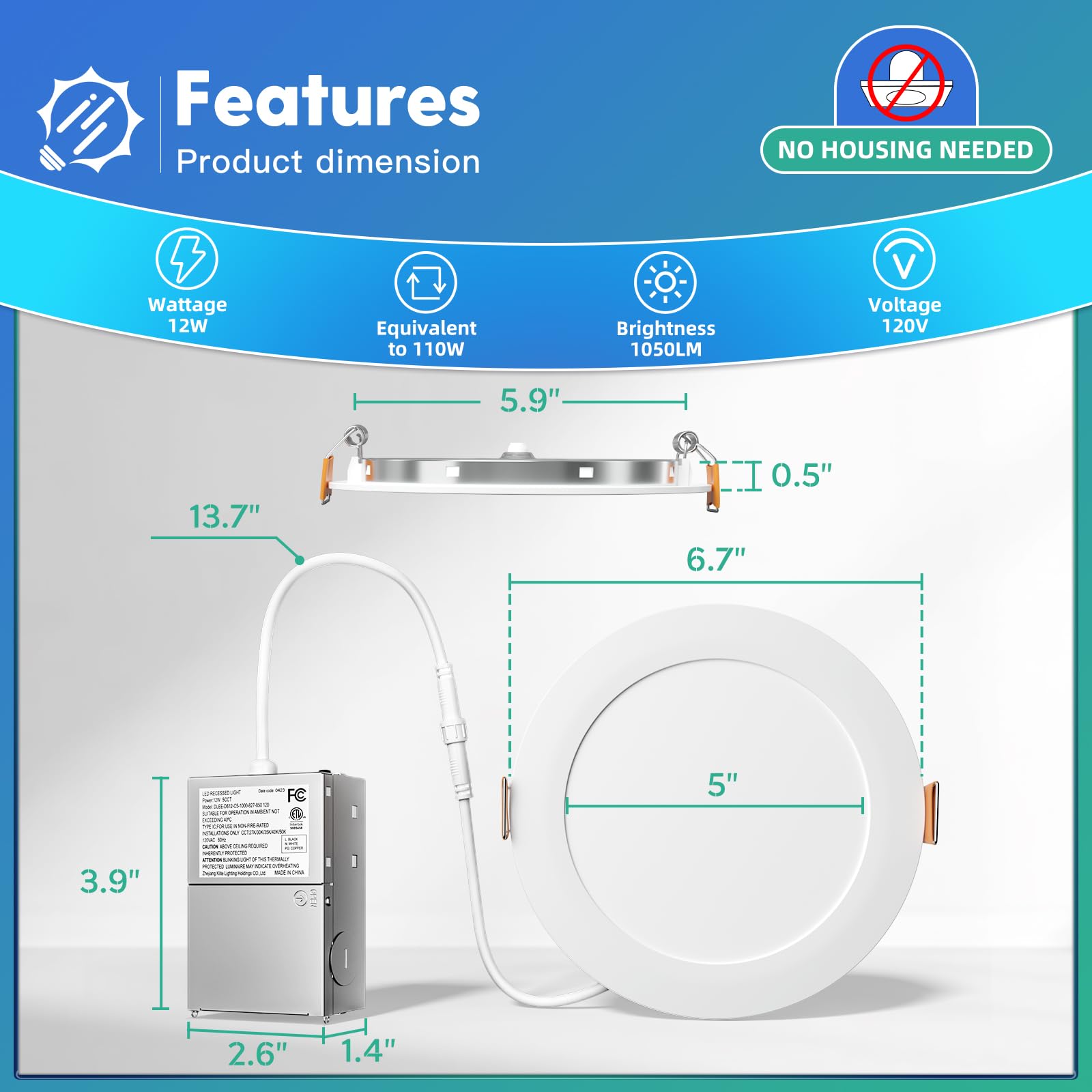 FREELICHT 6 Pack Ultra-Thin 6 Inch Dimmable LED Recessed Ceiling Light, 5CCT, 1050LM, White, Model DLE04-D