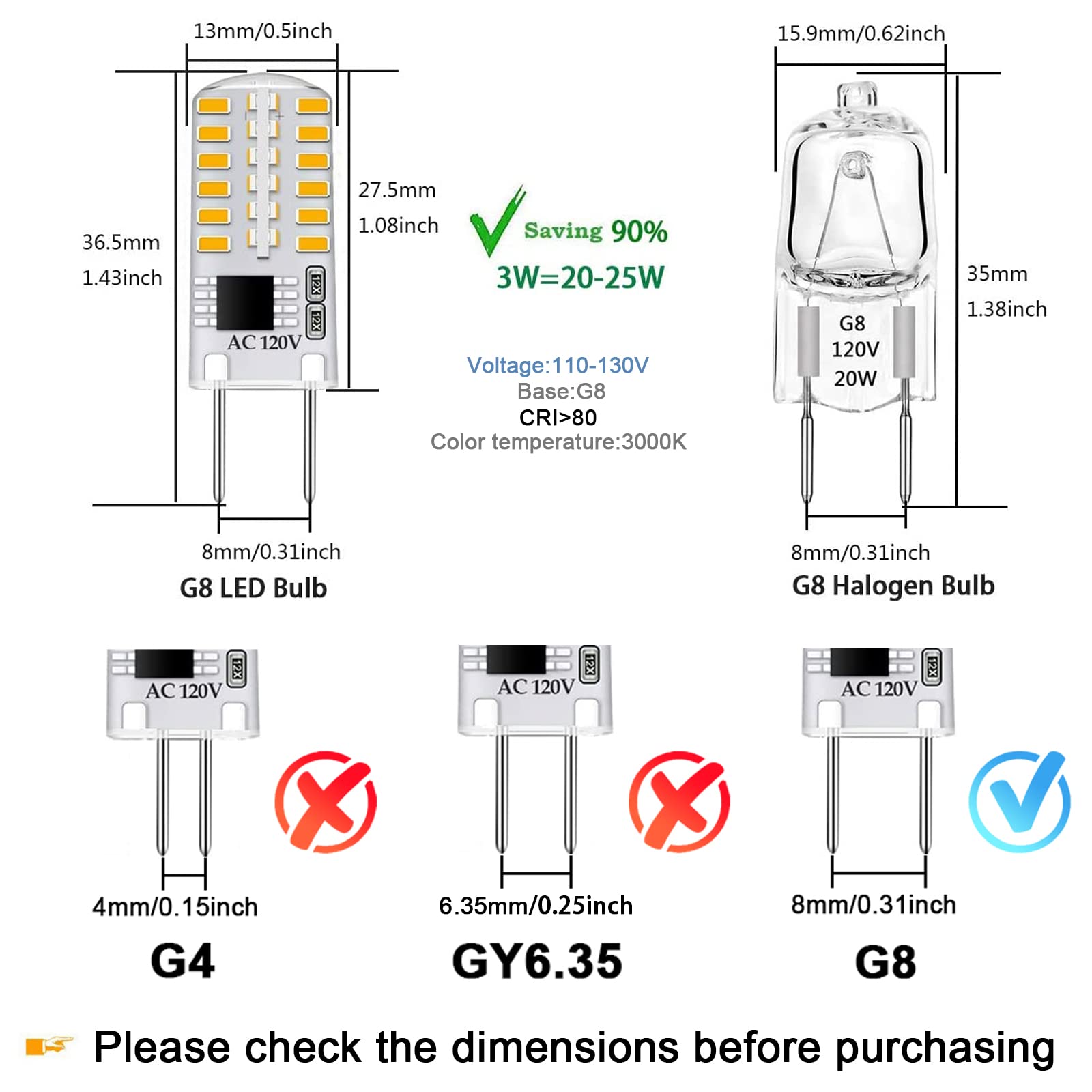 TAIYALOO G8 LED Bulb Dimmable 3W Equivalent to G8 Halogen Bulb 20W-25W, T4 JCD Type Bi-Pin G8 Base, AC 120V G8 Bulb Warm White 3