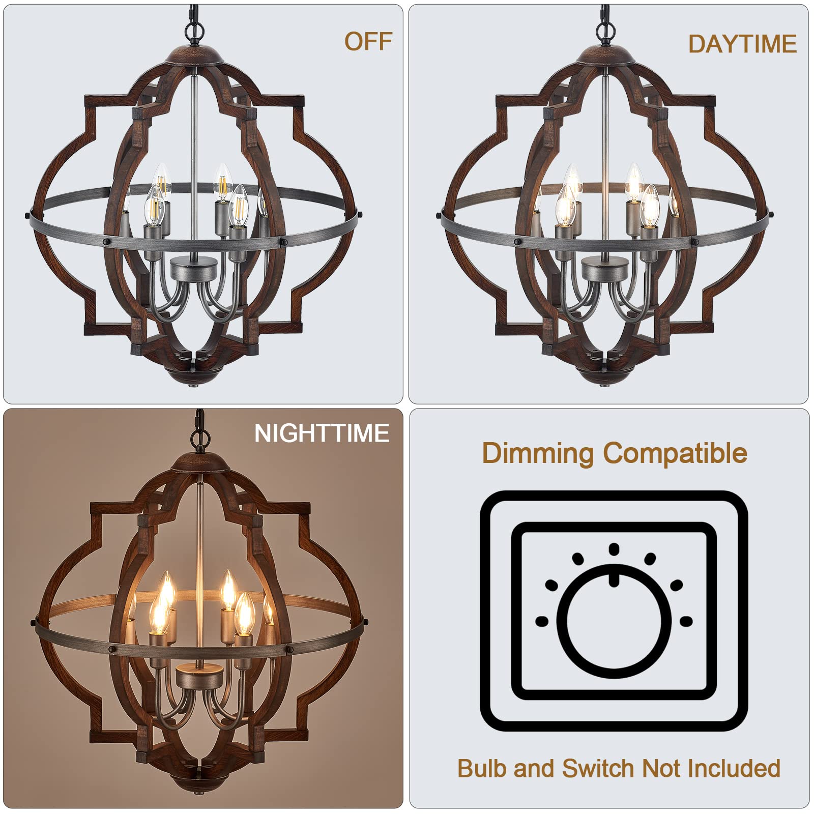 TACDANDM 23'' 6-Light Wood Farmhouse Chandelier, Vintage Oak Brown Pendant Light for Dining Room, Metal, Model DG-011