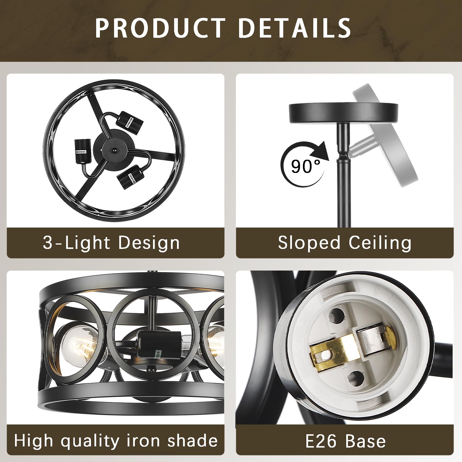 Qianzhan Farmhouse Semi Flush Mount Ceiling Light,3-Light Industry Black Sloped Ceiling Light Fixtures D13 Inches Drum Metal Lig