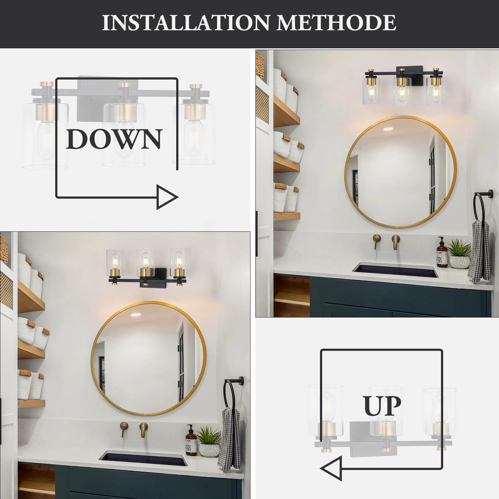 Jdvads 3 Light Bathroom Vanity Light Fixtures, Black and Gold, Metal, Clear Glass Shade, Model VL001-3-BG