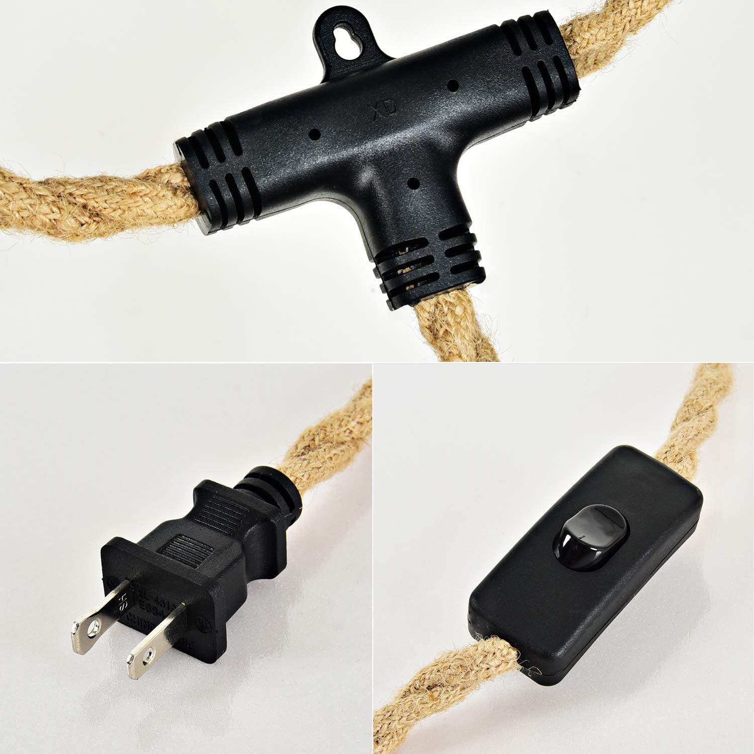 Alaislyc 3-Light Plug-In Pendant Light Kit With 22 Ft Hemp Rope - Farmhouse Hanging Lamp