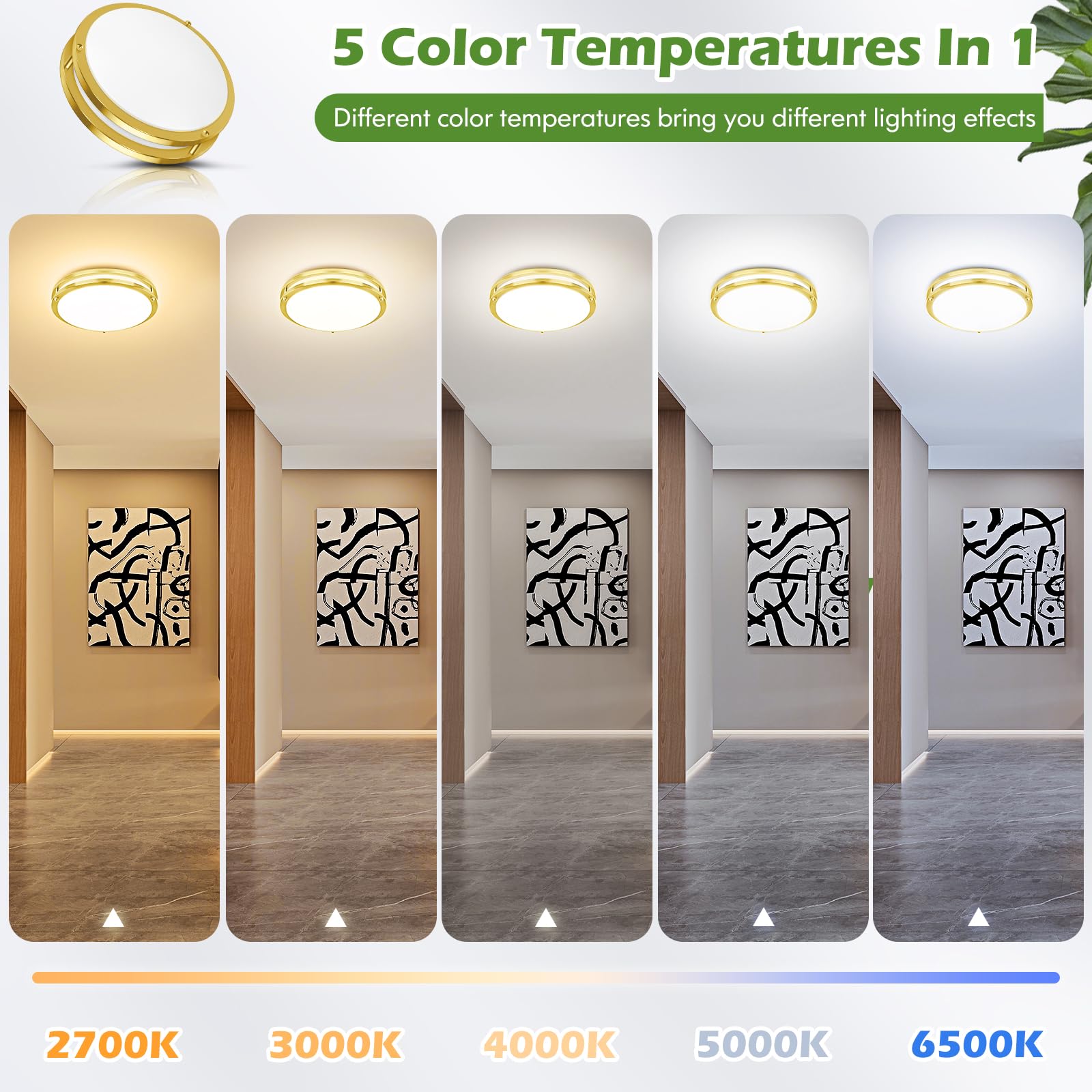 2-Pack Gold Flush Mount Led Ceiling Light Fixture, 12In 2700K/3000K/3500K/4000K/5000K Adjustable Ceiling Lights, 3600Lm Super Br