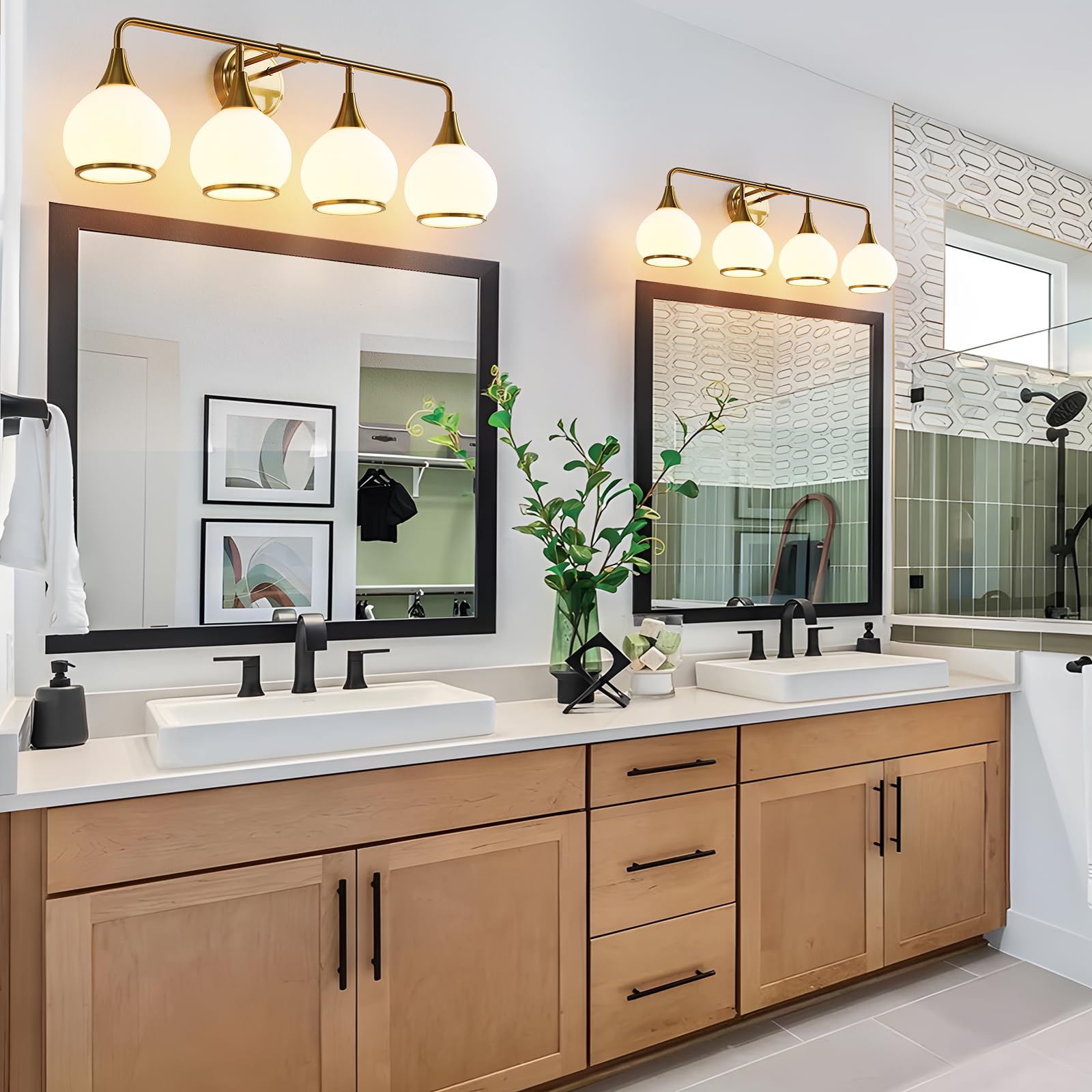 HAHZT Brass Gold Bathroom Light Fixtures, 4-Light Vanity Lights, Milky White Frosted Glass Shade, Model 8033ML, 30.7 Inch Wall Sconce