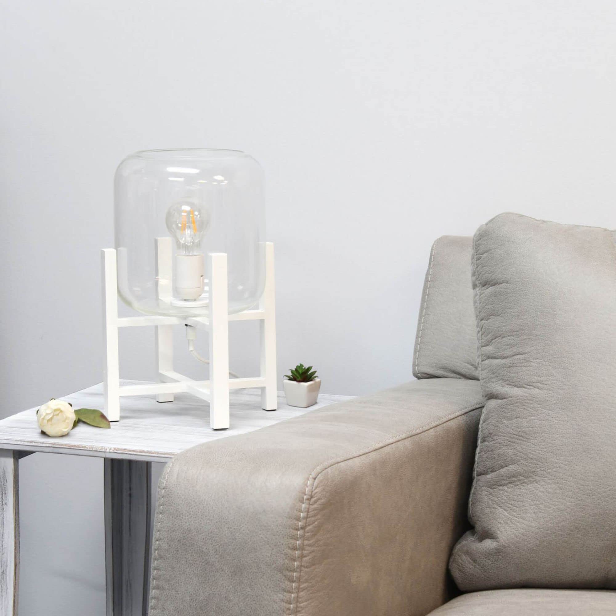 Simple Designs Lt1068-Wht Wood Mounted Glass Cylinder Shade Table Lamp, White/Clear, 9 X 9 X 13.38