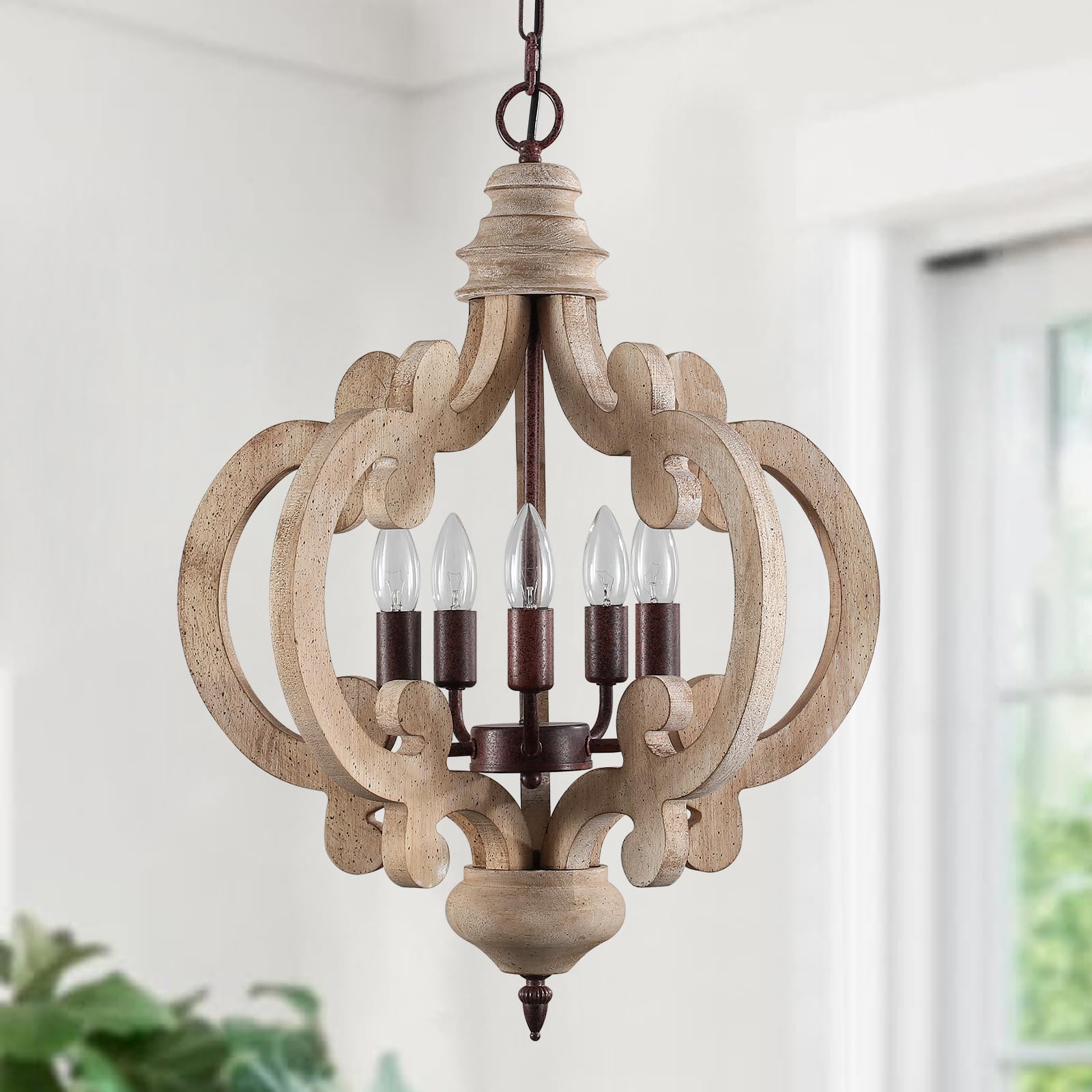 5-Light Farmhouse Chandelier, Rustic Wood and Metal Light Fixture with Distressed White Finish & Rust Accents, Adjustable Height