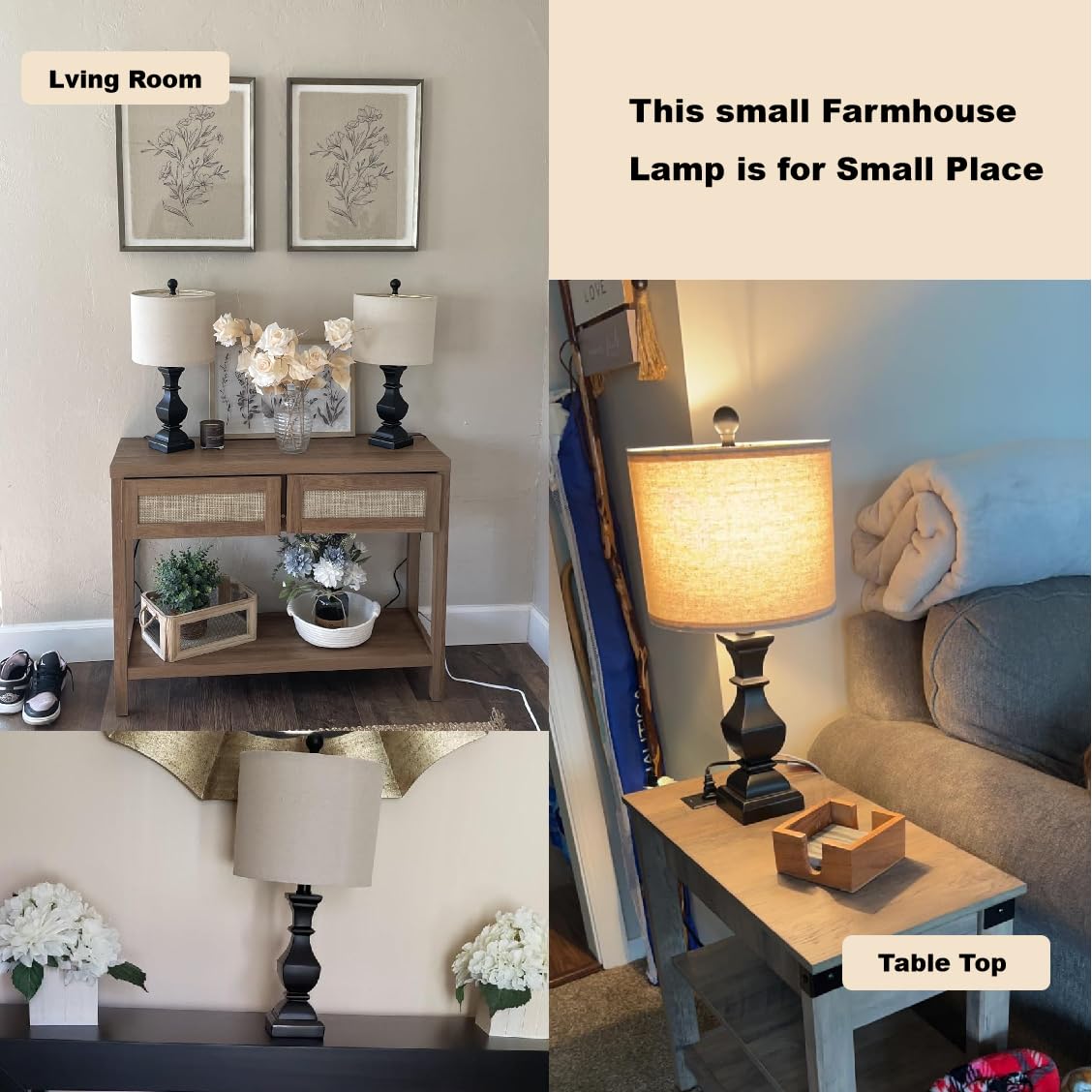 PoKat Bedside Table Lamp - Vintage Black, 20.5in  Round Linen Shade, Model AMZ-T1041BLK-1, Suitable for Small Spaces