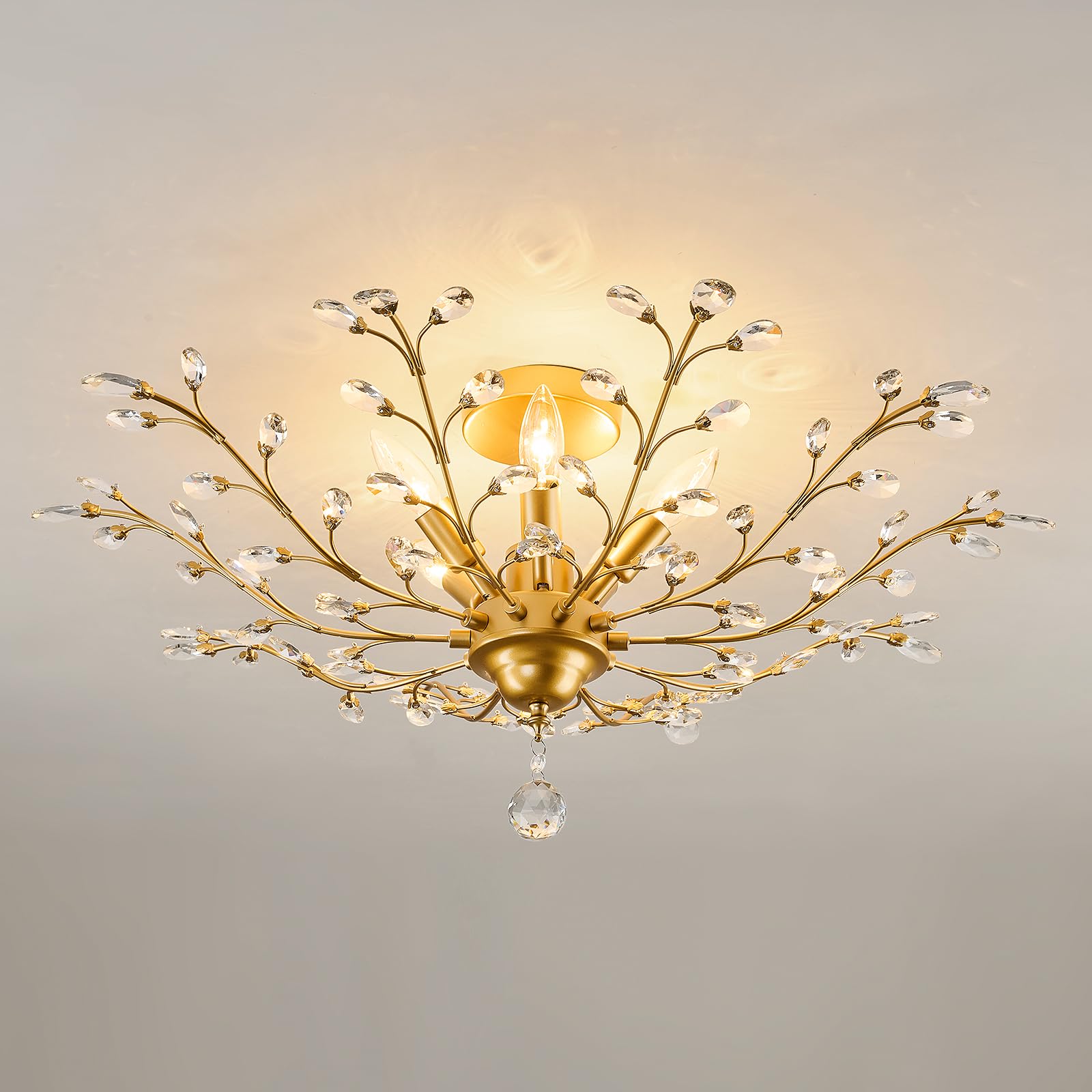 CVKASH 5-Light Vintage Small Crystal Chandelier Modern Brushed Gold Branche Ceiling Light Fixture Farmhouse for Kitchen Dining R
