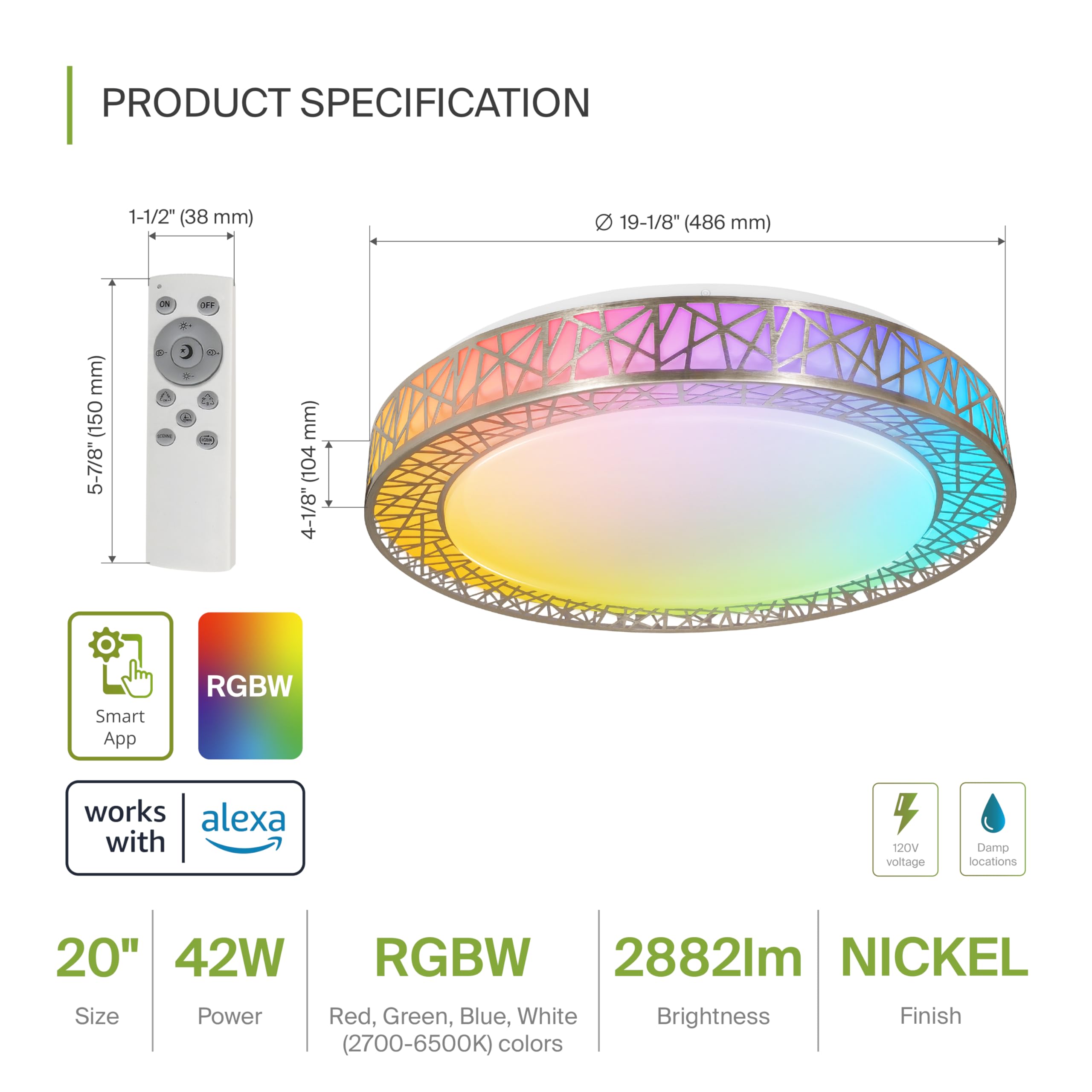 Asd 20 Inch Smart Rgbw Flush Mount Ceiling Light With Remote - Brushed Nickel 42W 120V 2700-6500K Dimmable Ceiling Light Fixture