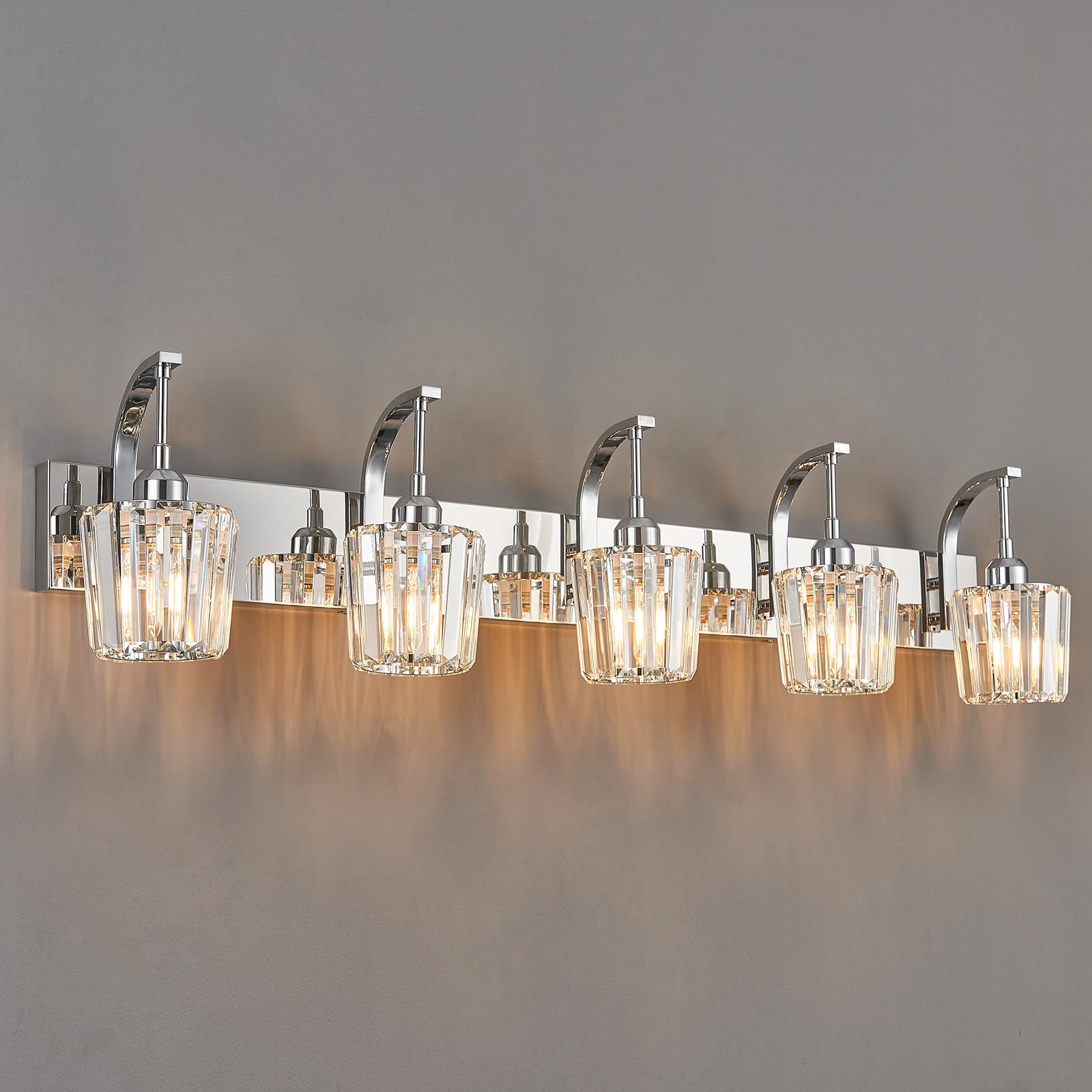 Fdpby Modern Bathroom Vanity Light  5-Light Chrome Wall Sconce With Crystal Accents  Over Mirror Bathroom Lighting Fixture  42.52 Long Dimmable Vanity Lamp For Makeup  Easy Installation