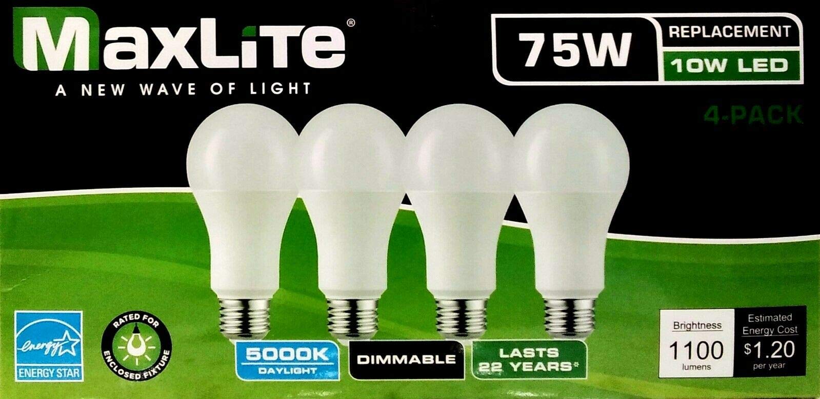 Maxlite LED Dimmable A19 Bulb, 75W, Daylight 5000K, Soft White, 4 Count, Model E14A19NDV30/4P
