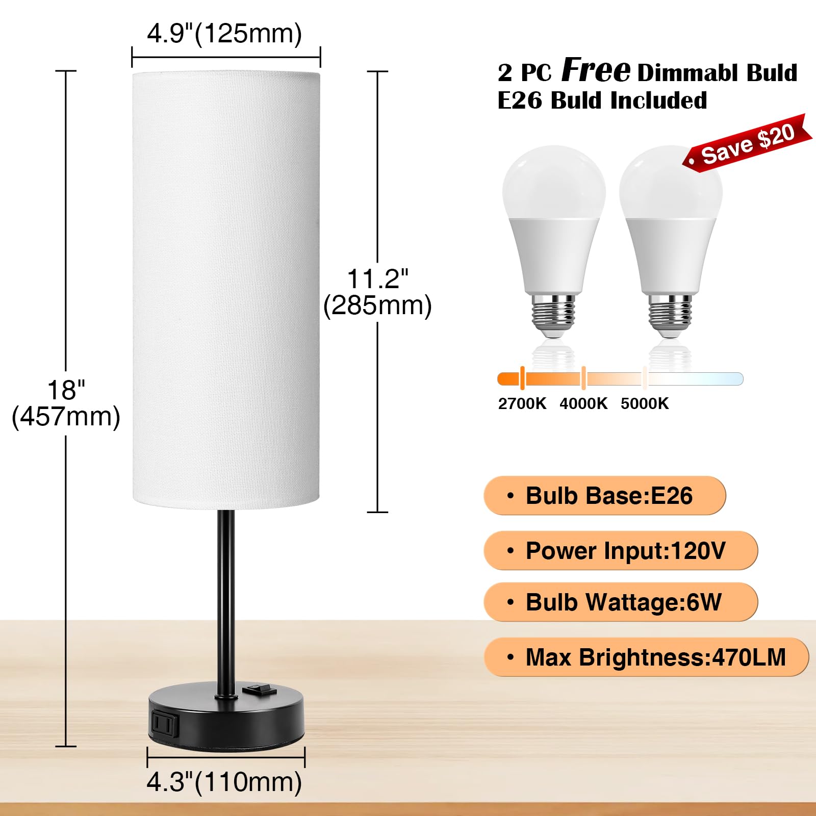 Zjojo Table Lamp For Bedroom 2 Pack,18In Bedside Lamps With 3 Way Dimmable Rocker Switch & Ac Outlet,Nightstand Desk Lamp With W