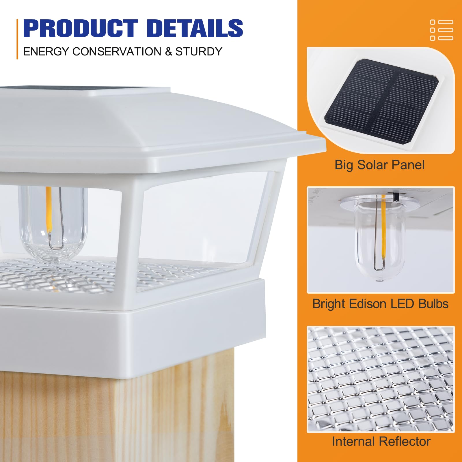 APONUO Solar Post Lights, 4 Pack, 2 Modes, Waterproof Edison LED Bulbs for 4x4, 5x5, 6x6 Posts, White, Model