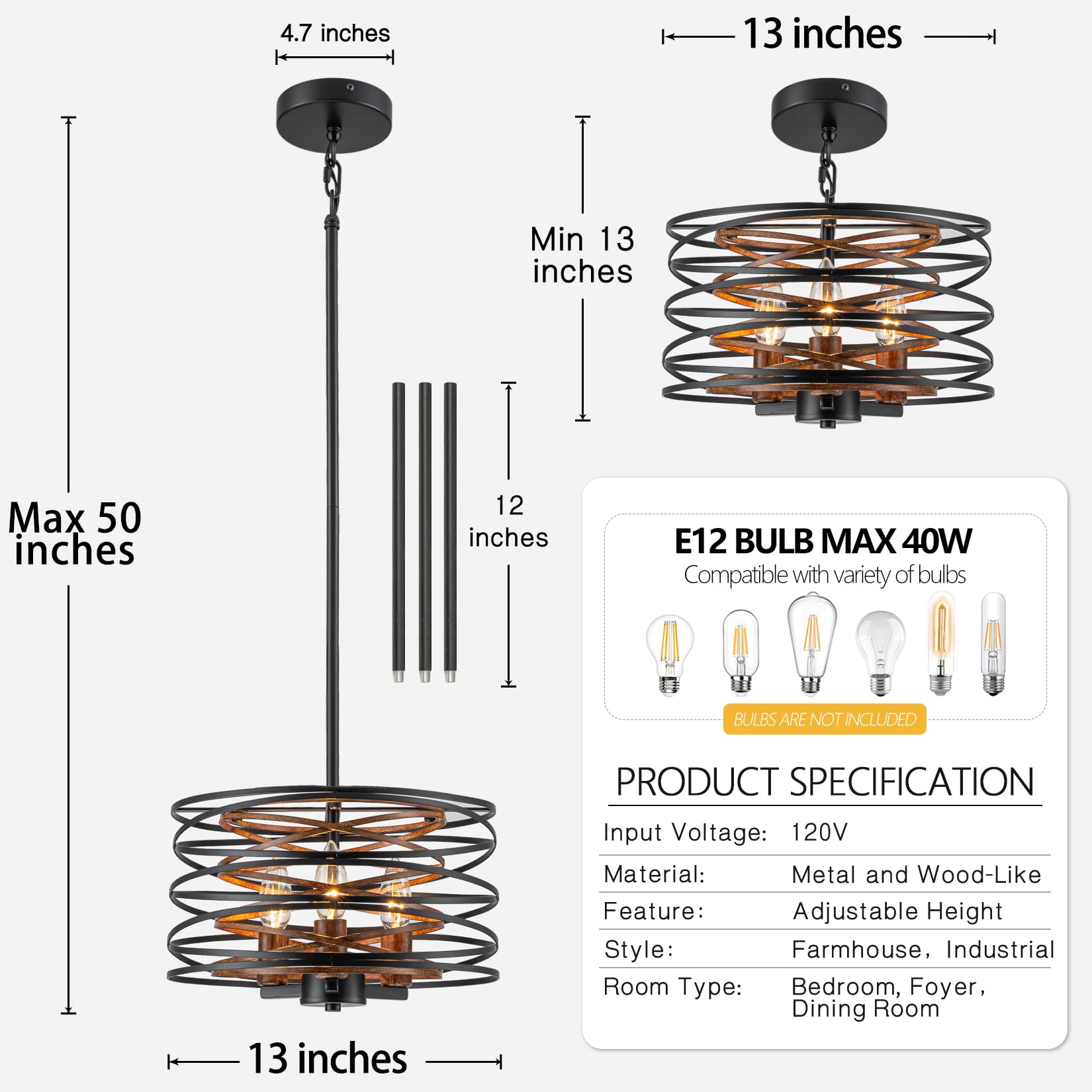 Bargeni 13" Chandelier - Matte Black Metal Light Fixture with Wood Texture Interior, Adjustable Height for Dining Room, Kitchen, Living Room