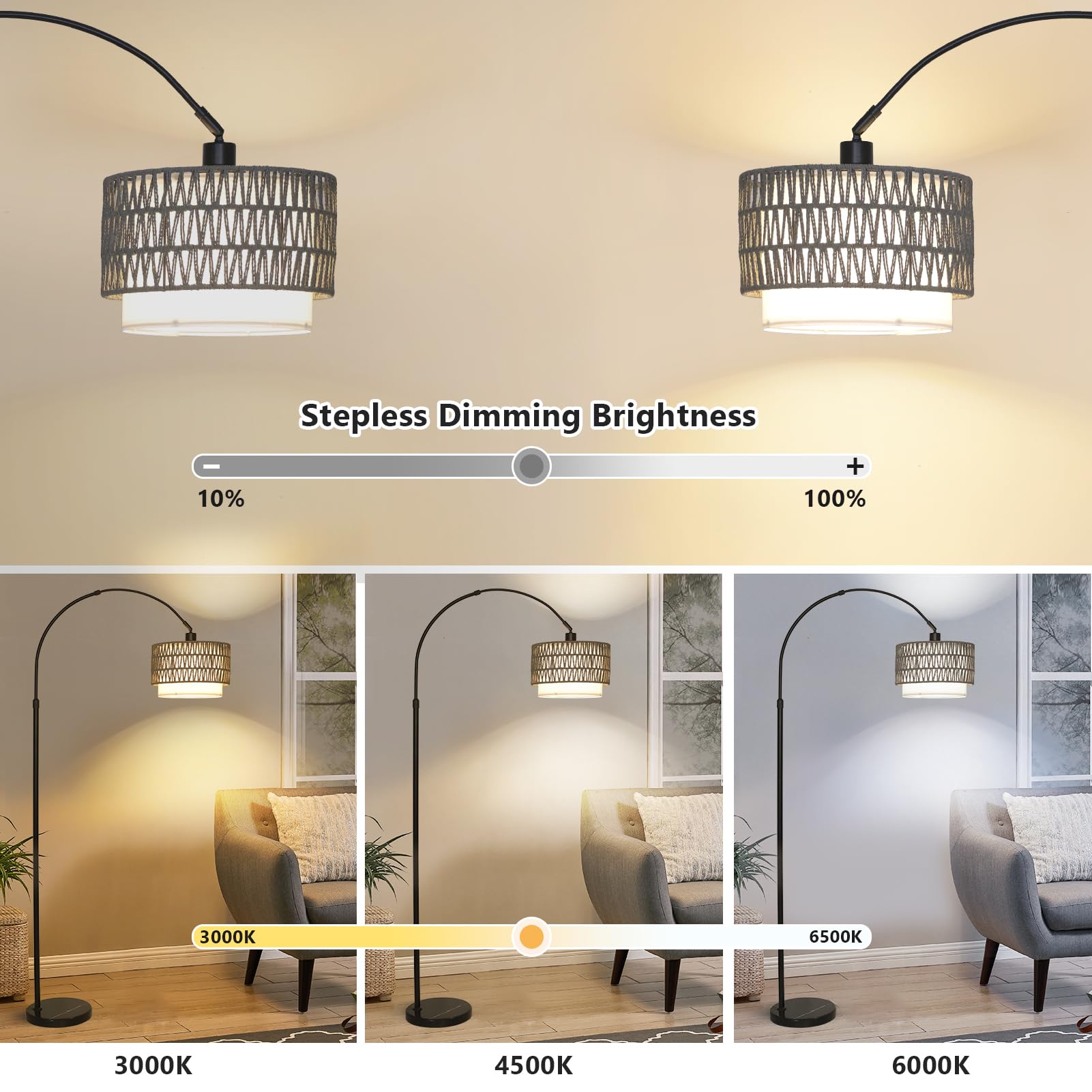 Boho Floor Lamps For Living Room, Arc Floor Lamp For Bedroom With Remote And Dimmable Bulb, Over Couch Standing Lamp, Farmhouse