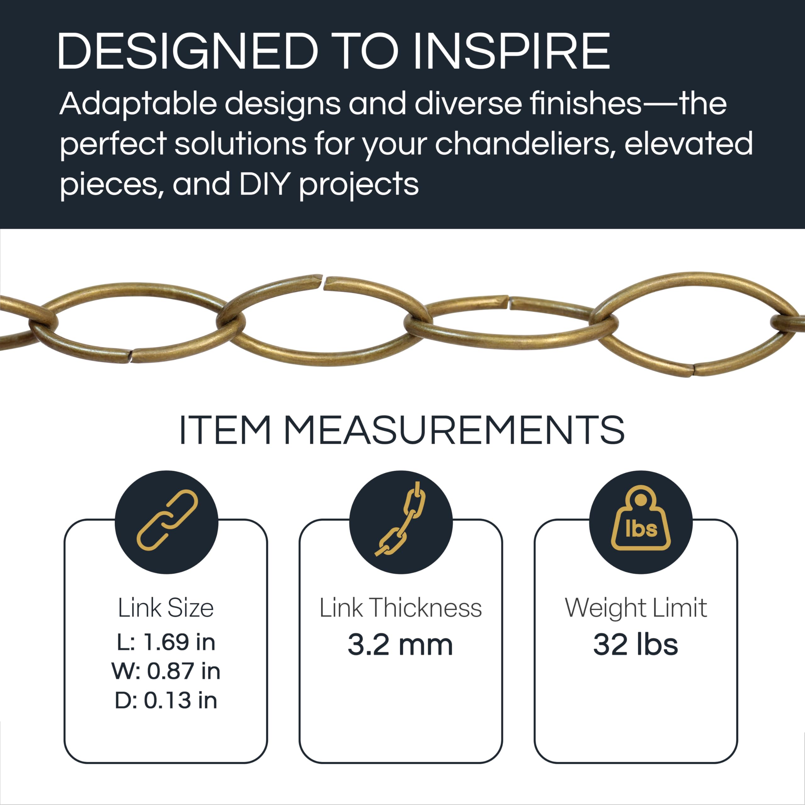 Rch Hardware Ch-43-Ab Decorative Antique Solid Brass Chain For Hanging, Lighting - Large Oval Wire Unwelded Links (1 Foot)