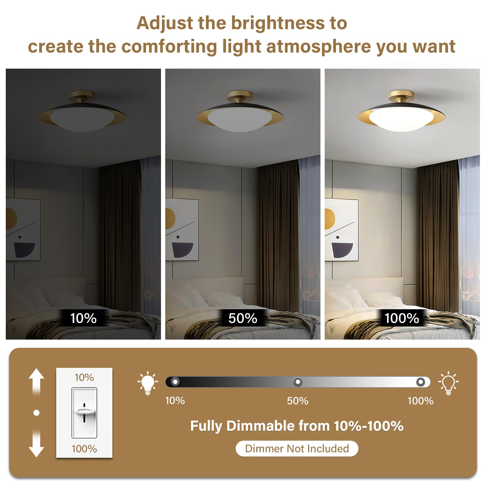 Zuyurt Dimmable Mid Century Modern Ceiling Light 5Cct Led Black And Gold Semi Flush Mount Ceiling Lighting  For Kitchen Bedroom Hallway Bathroom 2700K-6000K 15.75 In